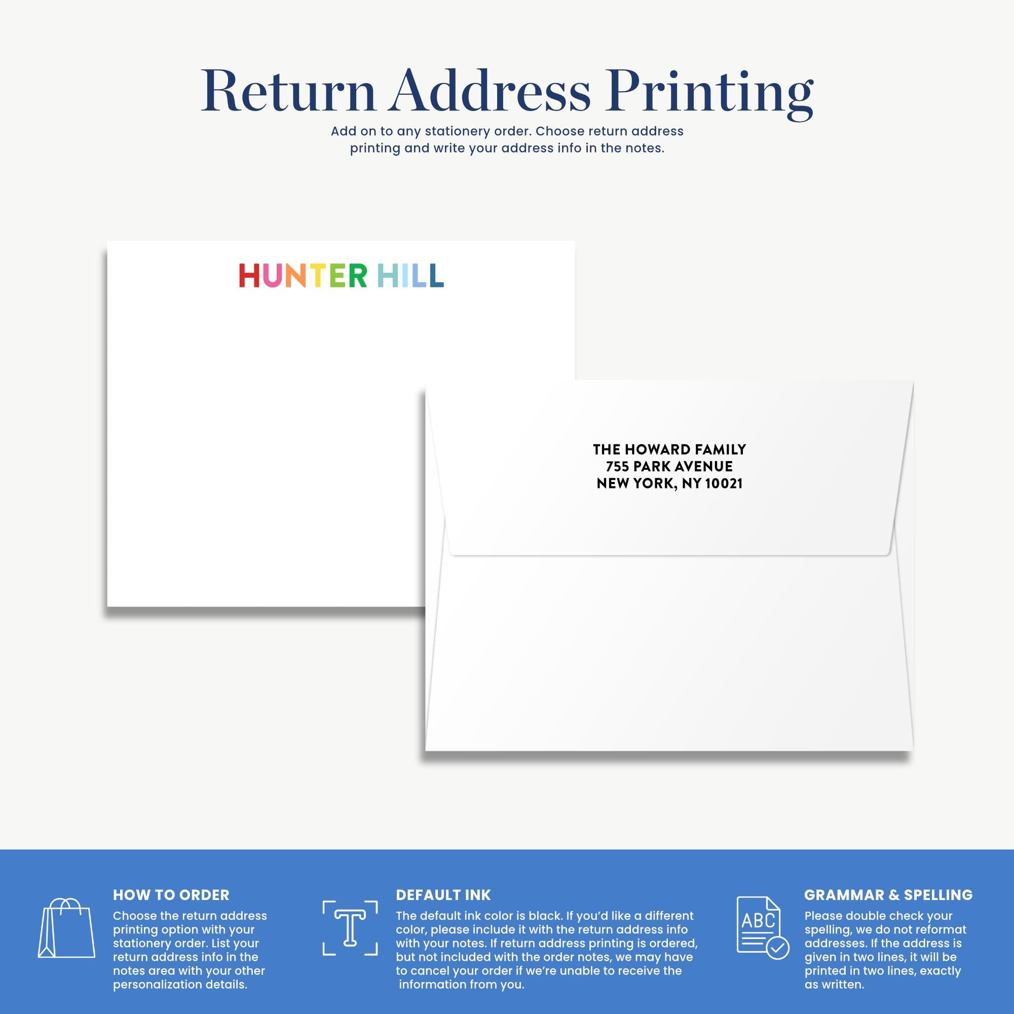 The image is a return address printing guide that provides instructions on how to order a return address and write it in the notes.