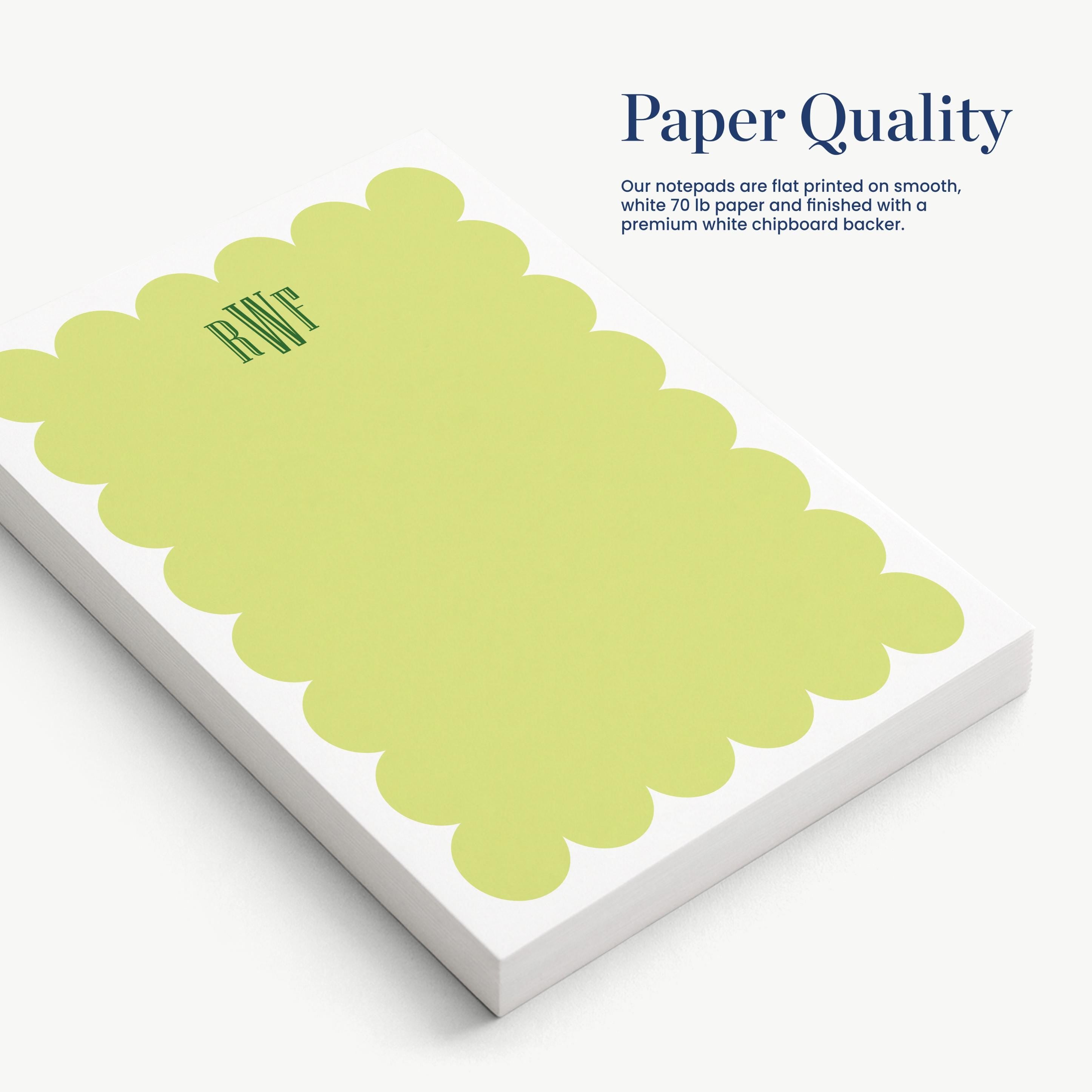 a white notepad with a green scalloped edge design, and the text "Paper Quality" is displayed above it.
