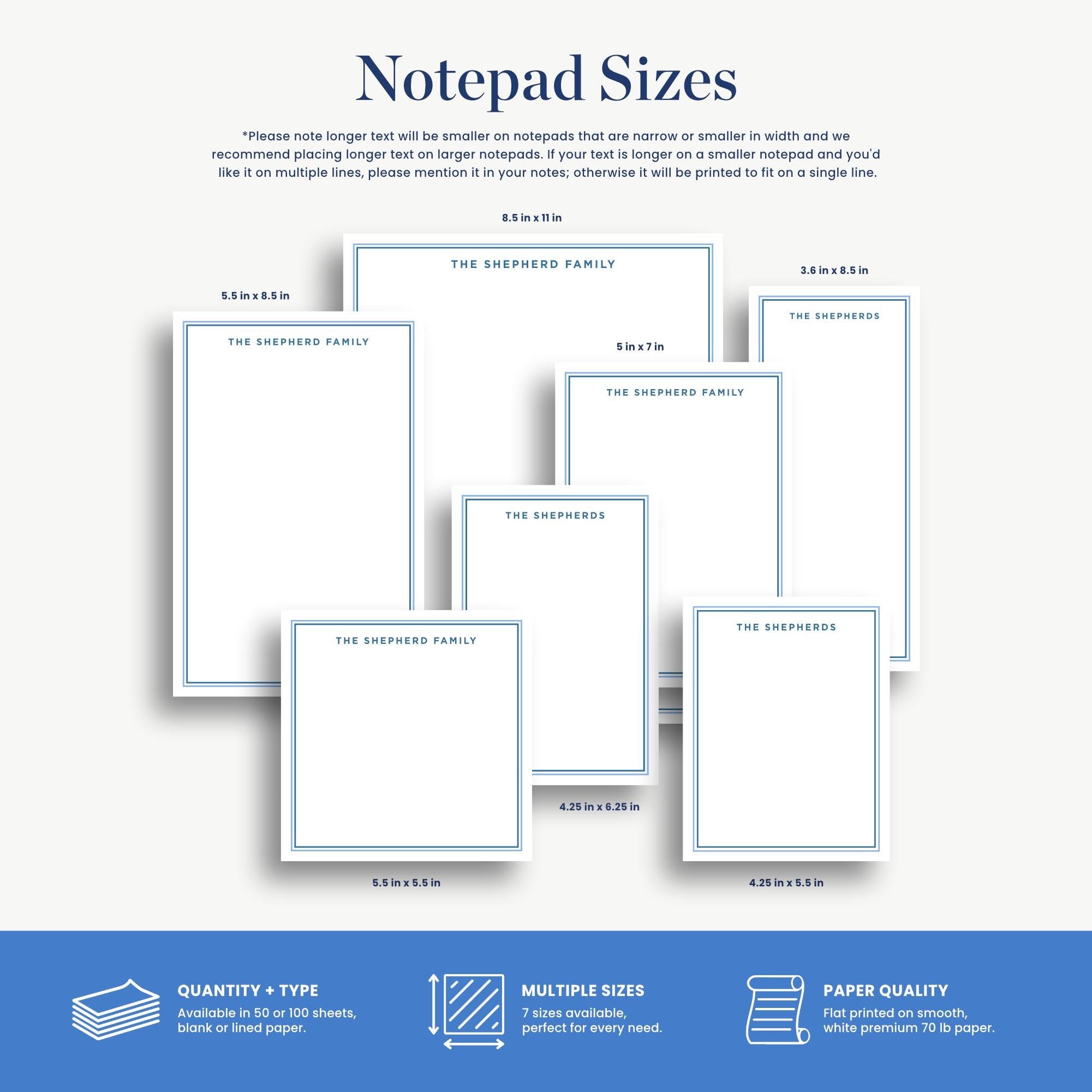 The image is a collection of various sizes of notepads, each with different designs and dimensions.