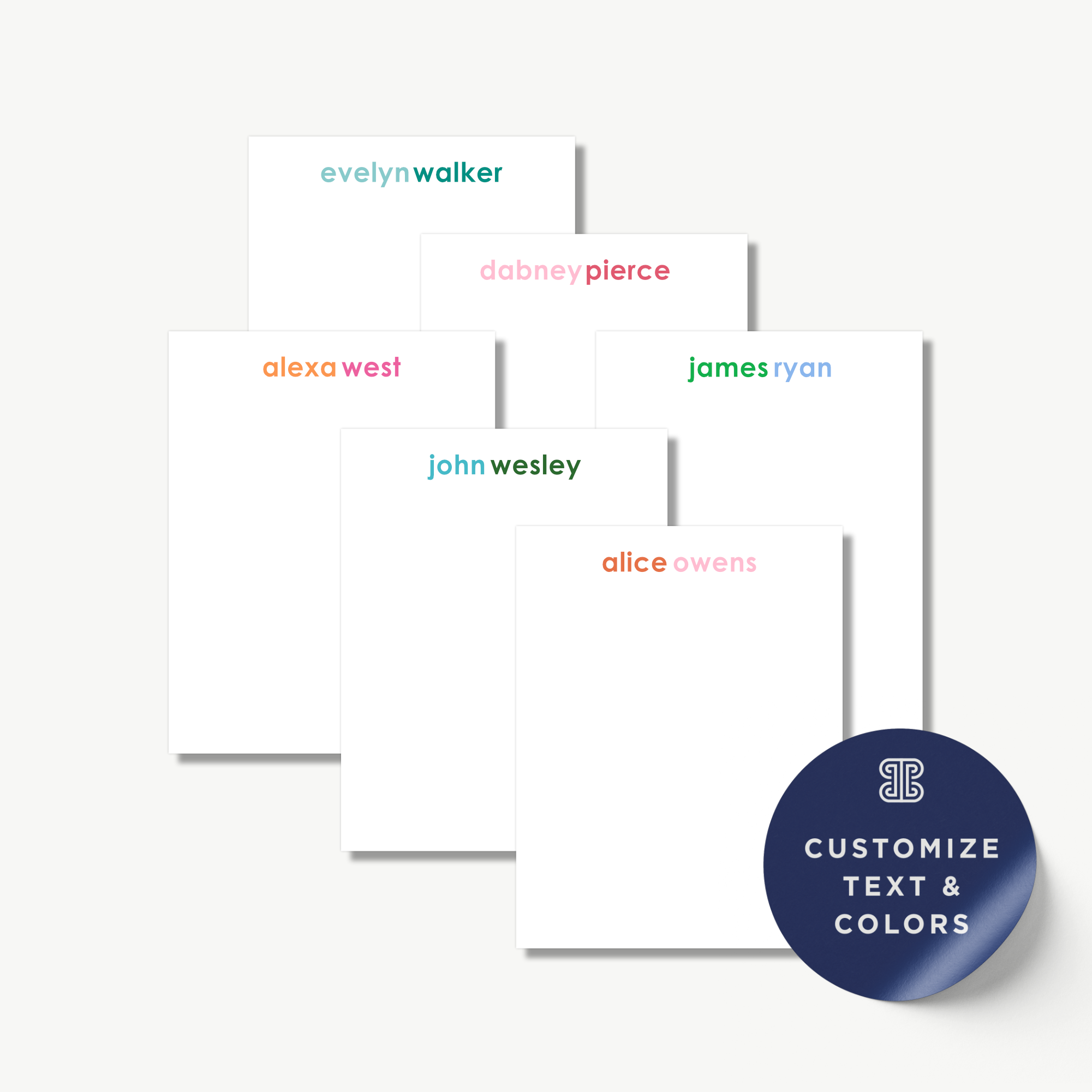 a collection of personalized name cards with names written on them, along with a sticker that says "CUSTOMIZE TEXT & COLORS".