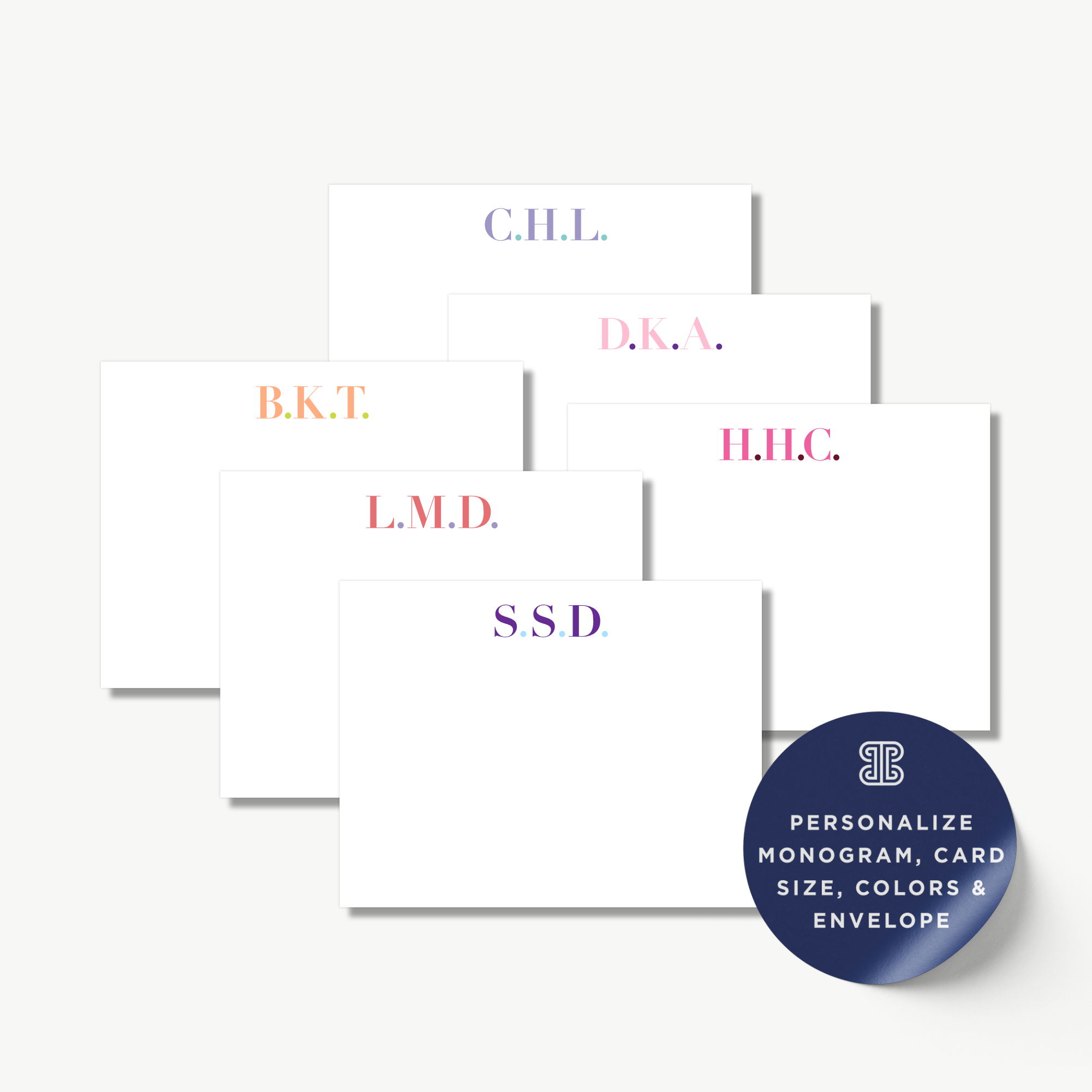 a collection of personalized stationery cards with monogrammed names on them, along with a label indicating that these cards can be personalized, customized, and used for various purposes such as cards, envelopes, and more.