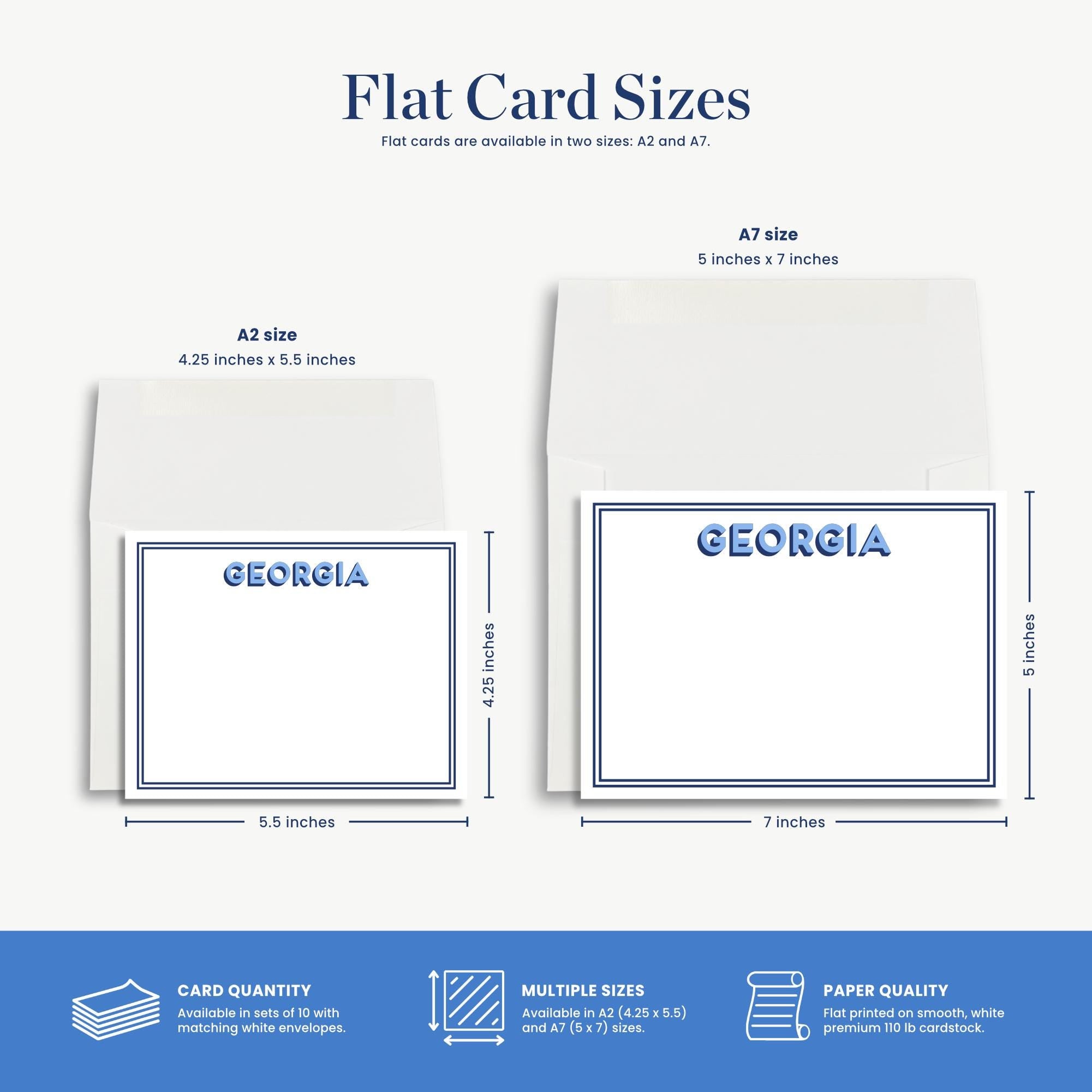 two flat card sizes: A7 and A2, along with their corresponding dimensions and features.