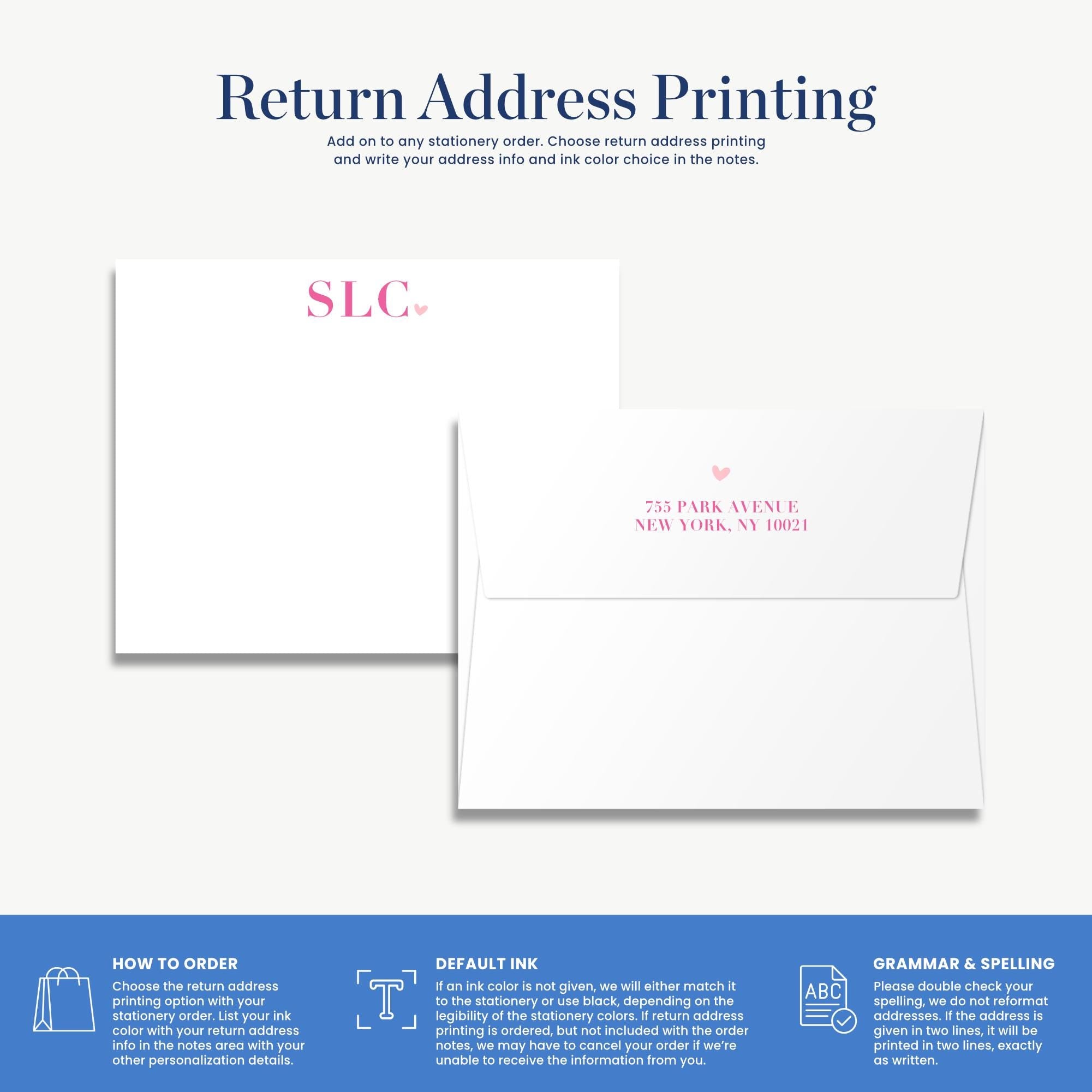 The image is a return address printing guide that provides instructions on how to order a return address, including the choice of return address printing and the option to write the address in the notes.