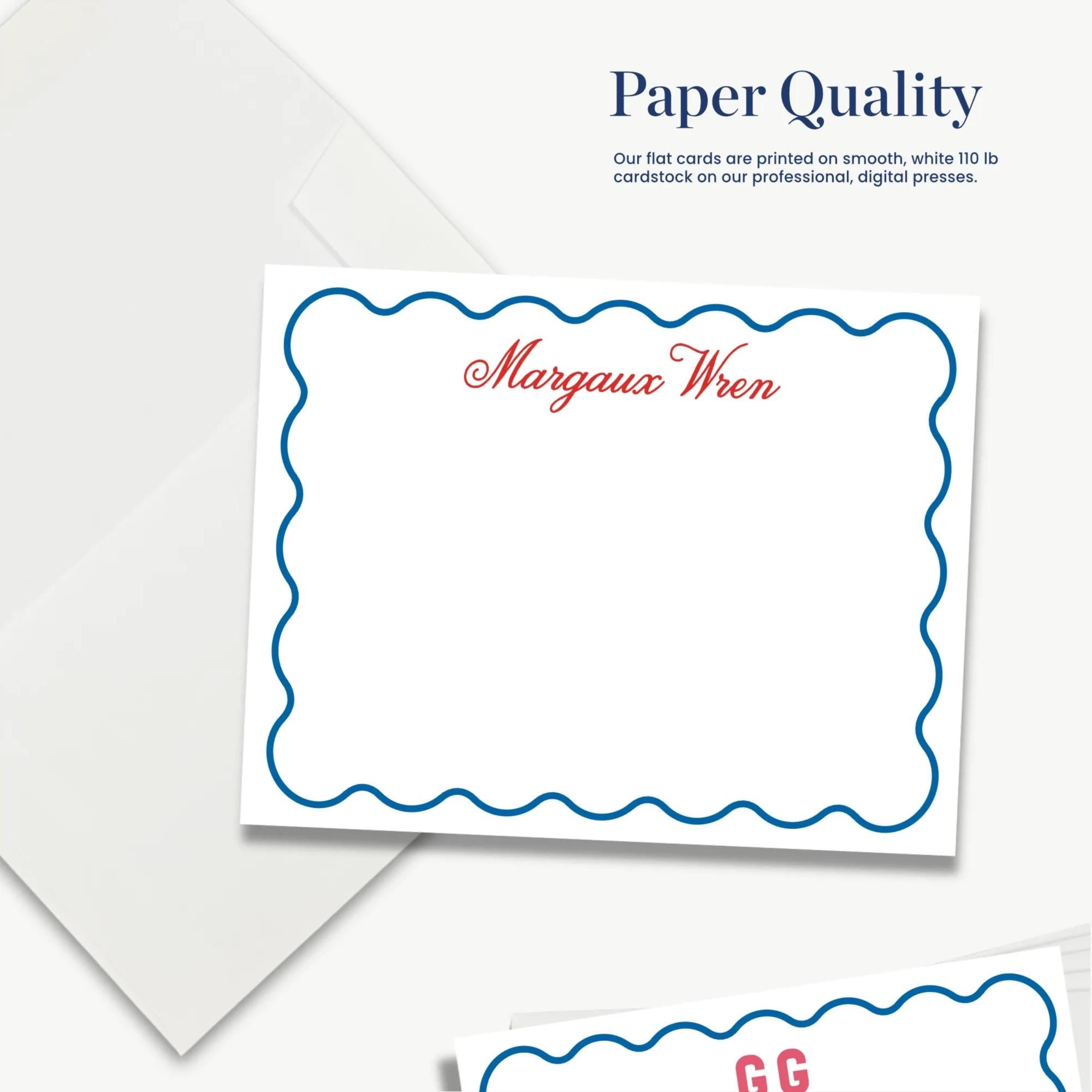 The image is a collage of two images. The top image is a plain white envelope with a blue scalloped edge, and the bottom image is a plain white card with a blue scalloped edge.
