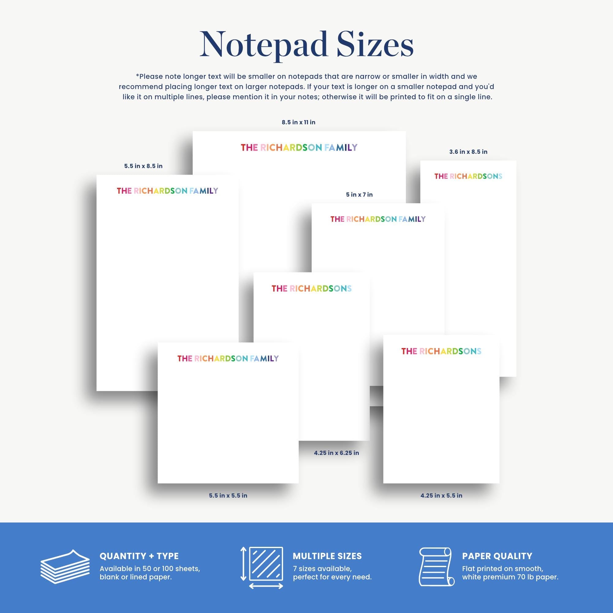 a variety of notepad sizes, including different shapes and sizes, with the text "Notepad Sizes" prominently featured.