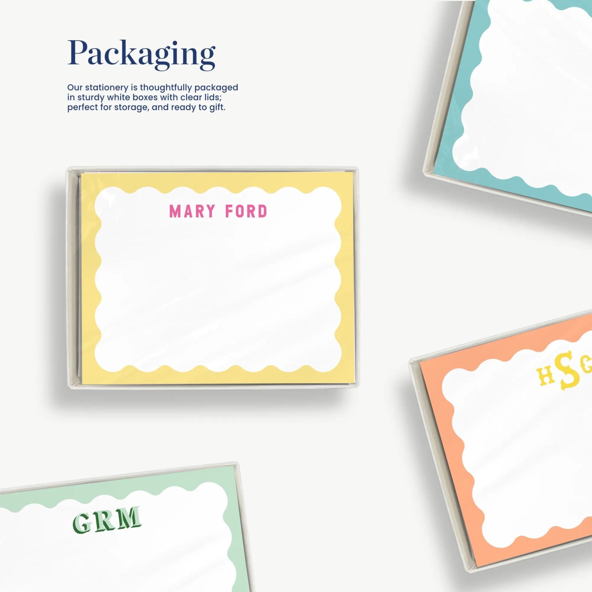 four different colored postcards with scalloped edges, each featuring a blank space for writing a name or message.