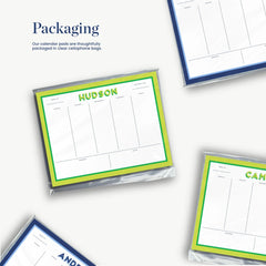 three different colored sticky notes or pads with the word "HUDSON" written on them, along with the names "ANDREW" and "CANDEN" written below.