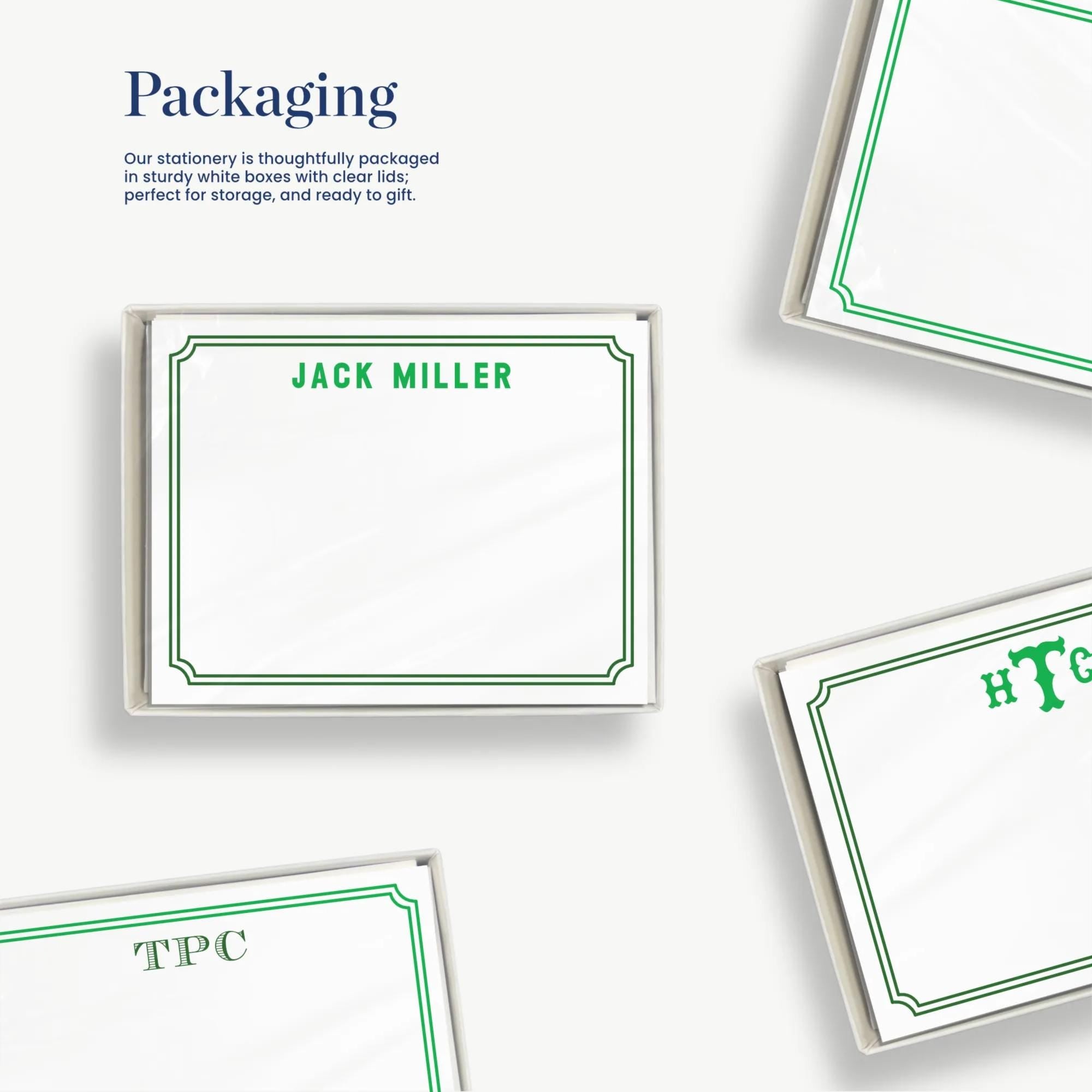 several blank stationery items, including name cards and envelopes, with green borders and text. The text on the items reads "Jack Miller" and "HTC", indicating the brand or company associated with the products.