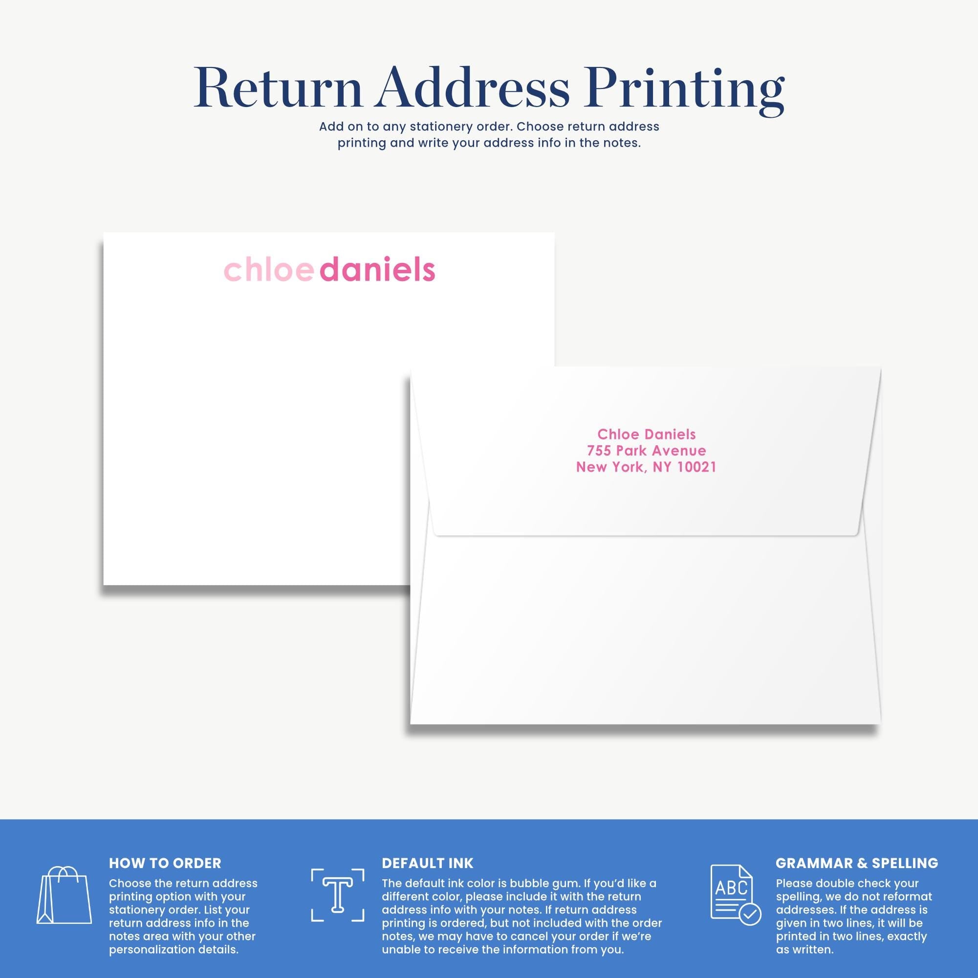 The image is a return address printing guide that provides instructions on how to order a return address, including the choice of return address and the personalization of the return address.