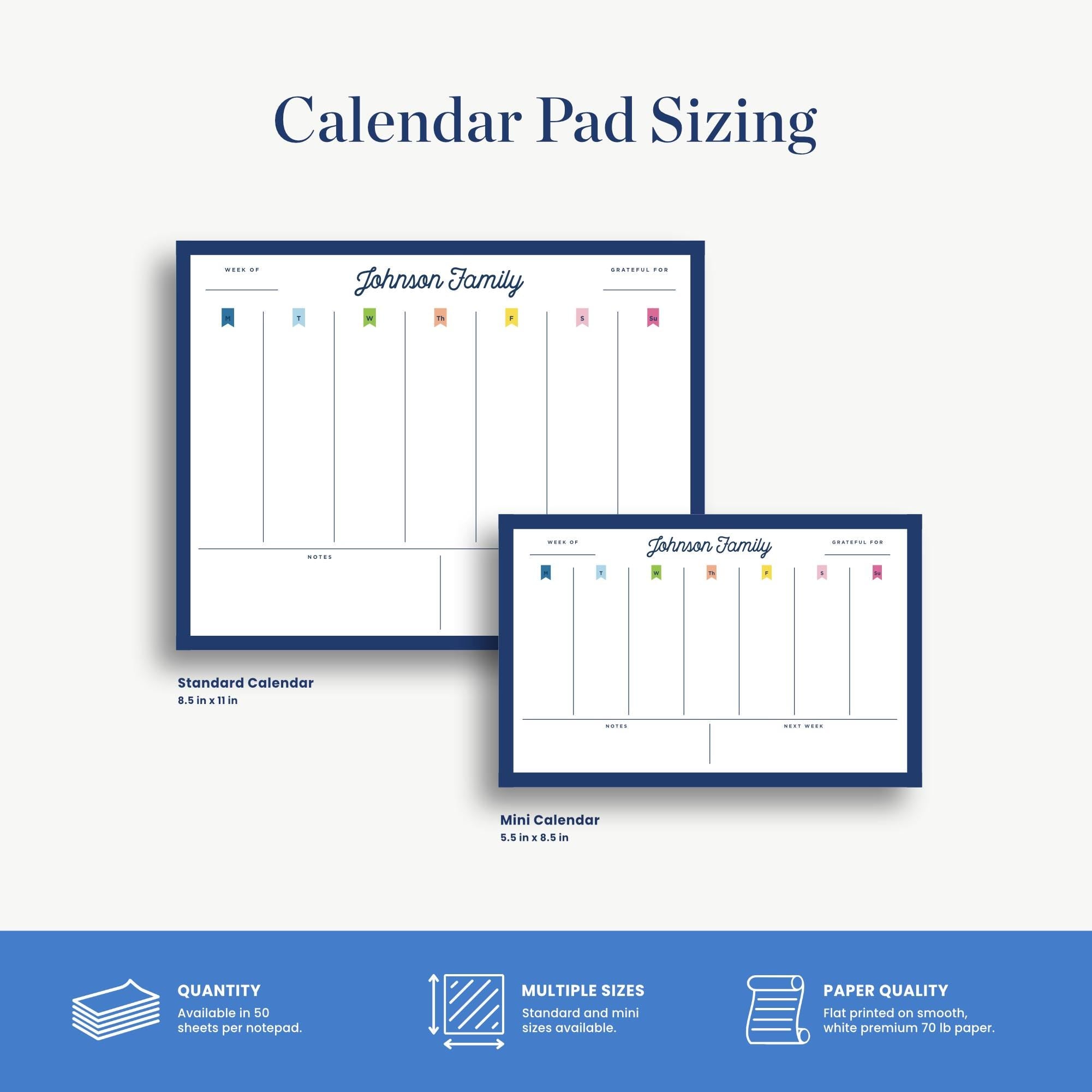 two calendar pads, one standard calendar and one mini calendar, both with a blue and white color scheme. The standard calendar is 5.5 x 11 inches, while the mini calendar is 5.5 x 8.5 inches. The image also includes text that provides information about the pads, such as their sizes, paper quality, and the number of sheets per pad.