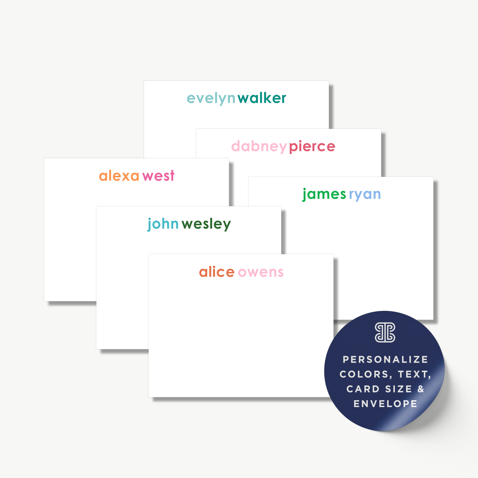 a collection of six personalized name cards, each with a different name printed on it. The cards are arranged in a grid-like pattern, with each card having a different color and text. The cards are designed to be used as placeholders for writing messages or as a way to introduce oneself in a professional or personal context.