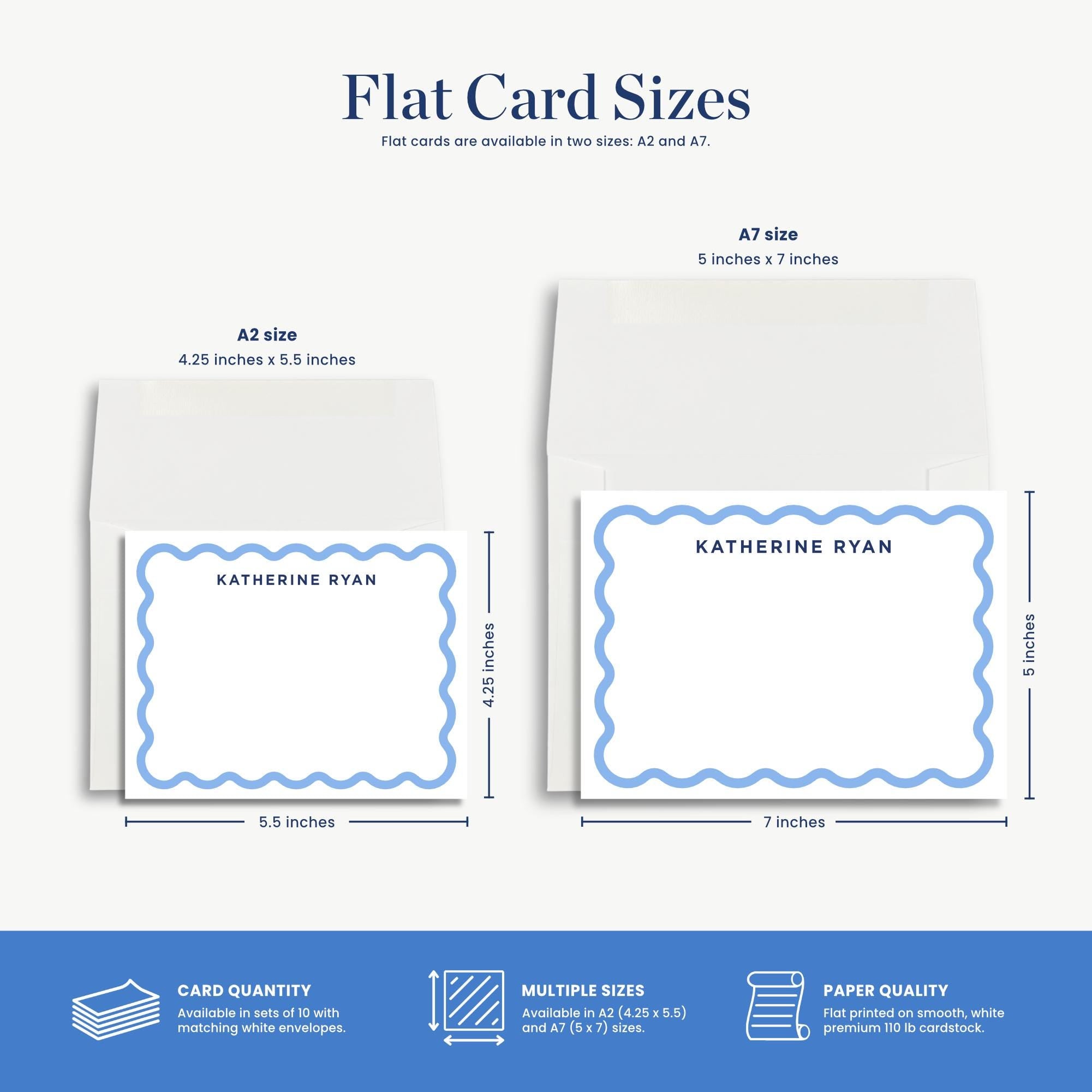 two different sizes of flat cards, including A7 and A3 sizes, along with their corresponding dimensions and paper quality.