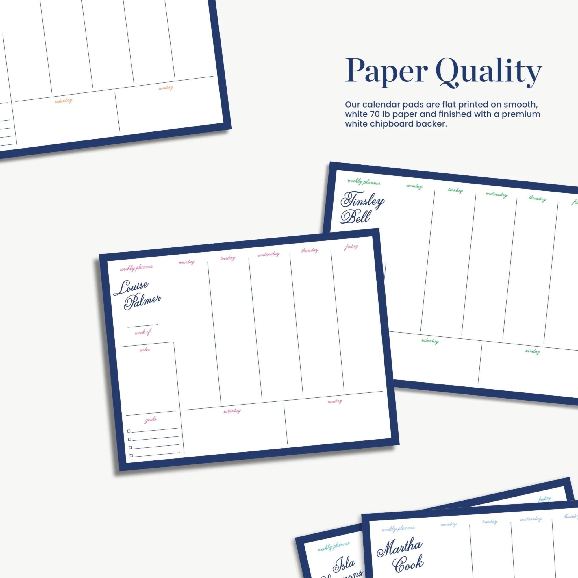 a collection of calendar pages with a focus on the "Paper Quality" aspect. The pages are printed on smooth paper and have a premium finish, making them suitable for use in a professional setting.