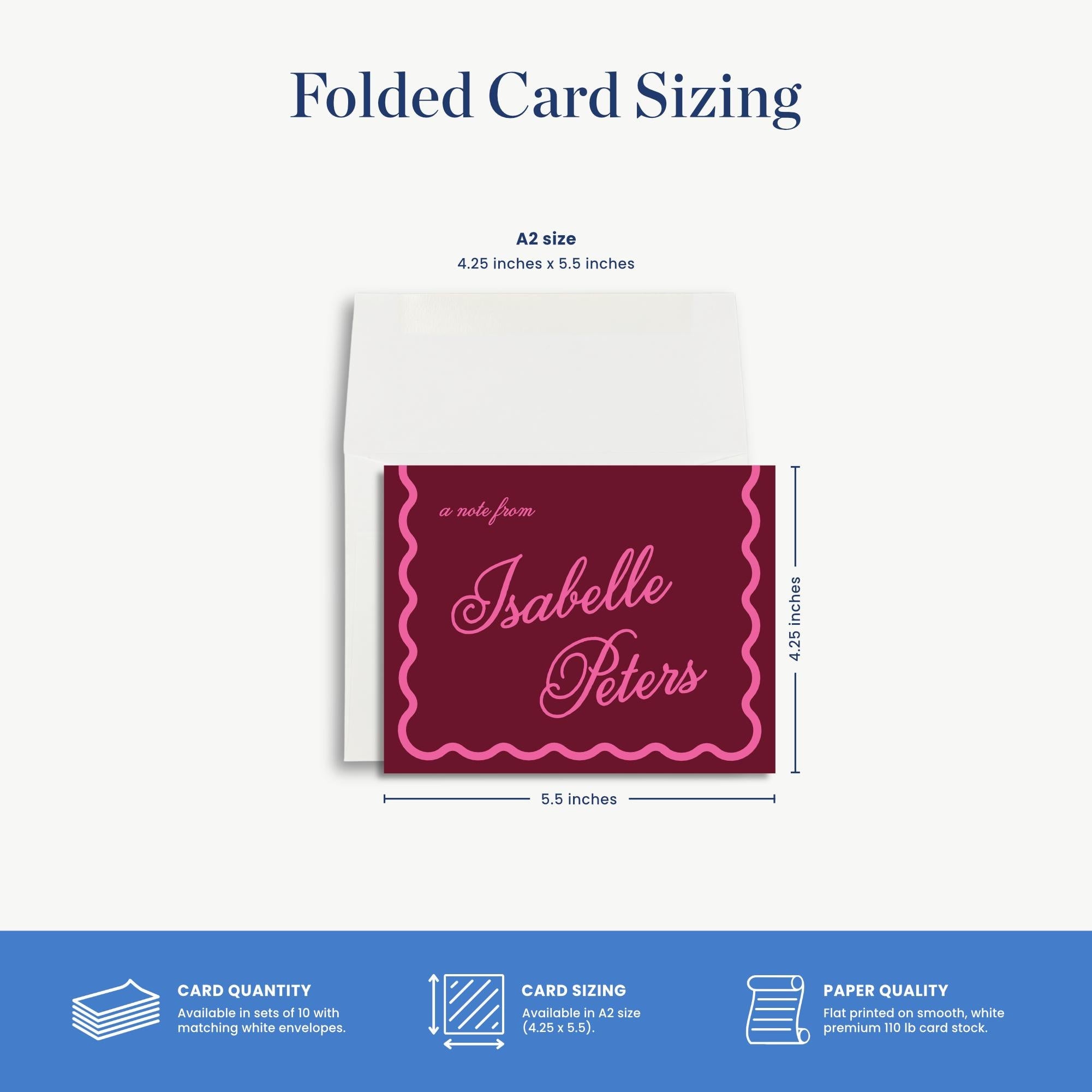 The image is a folded card sizing guide, providing dimensions and features of a folded card.