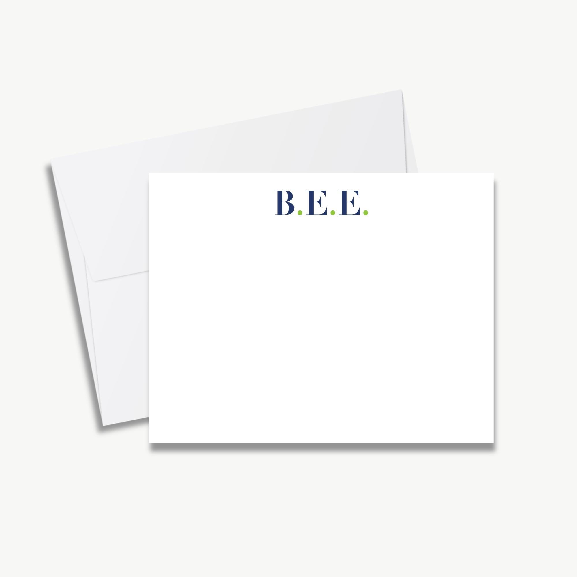 A blank white card with the initials "B.E." printed on it.