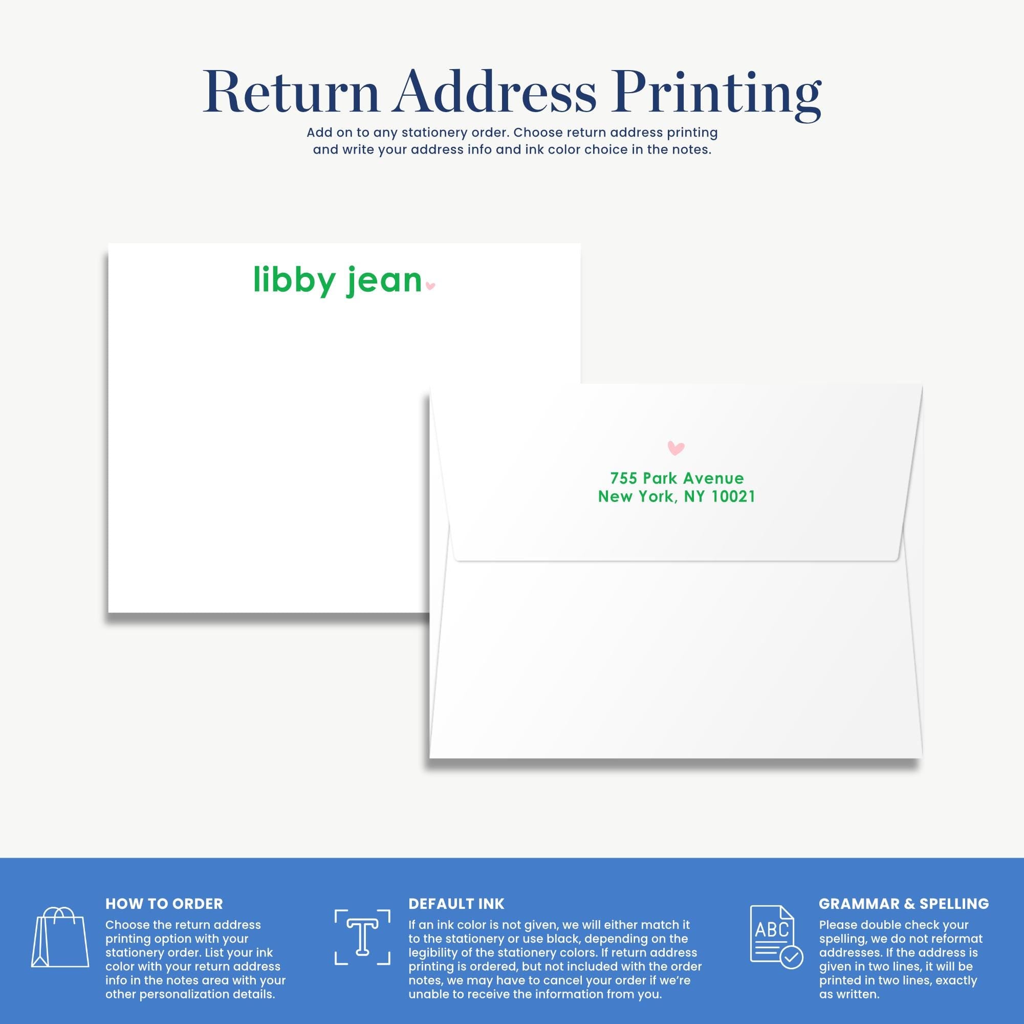 The image is a return address printing guide that provides instructions on how to order a return address, including the choice of return address printing and the option to write the address in the notes.