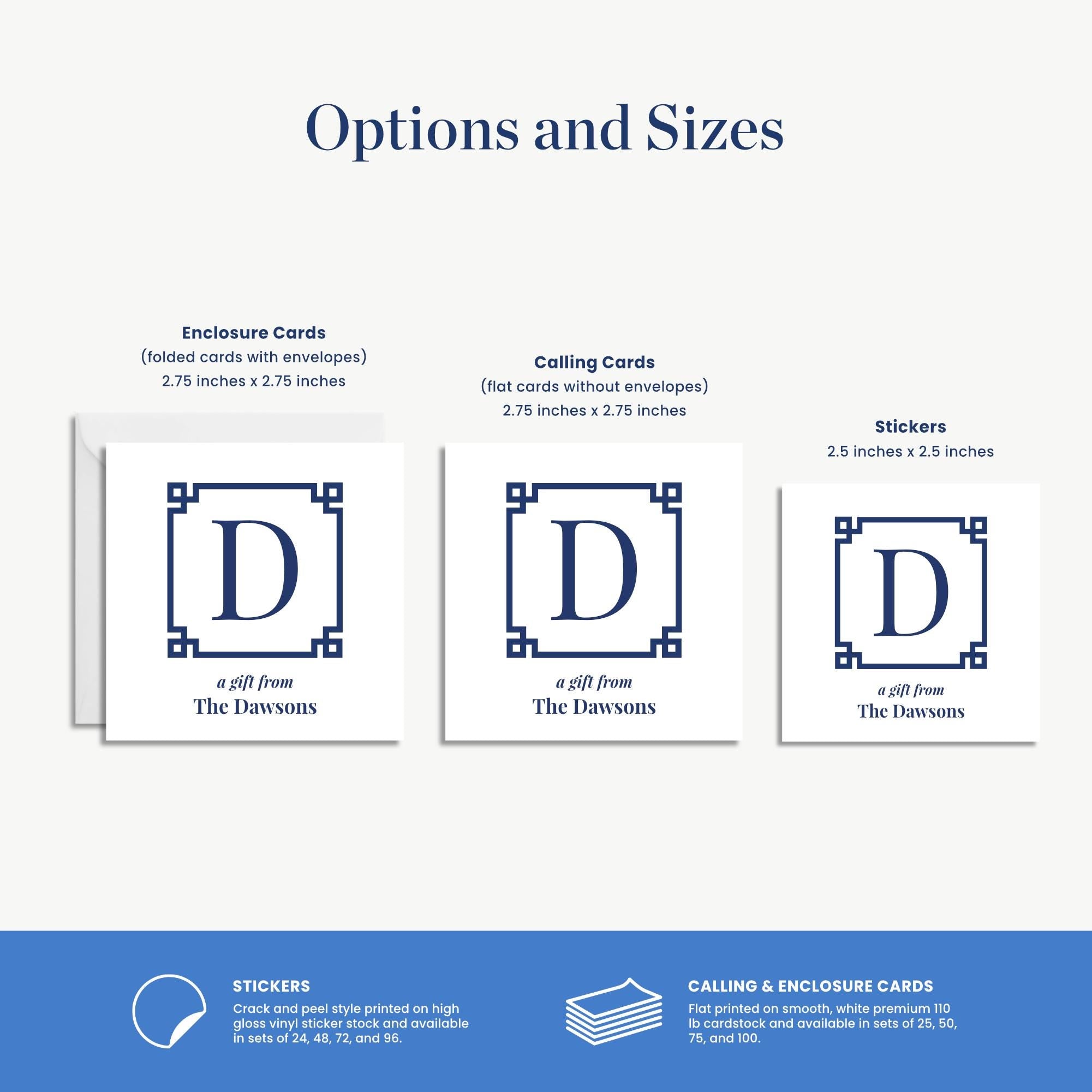 three different options and sizes for enclosing cards and stickers, as well as information about how to print and use these items.