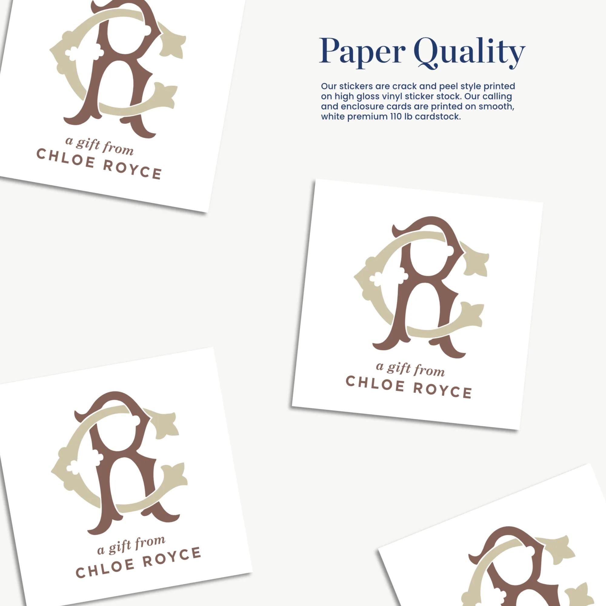 a collage of four stickers, each featuring a stylized letter 'C' with a star design. The stickers are printed on high-quality paper and are described as a gift from Chloe Royce.