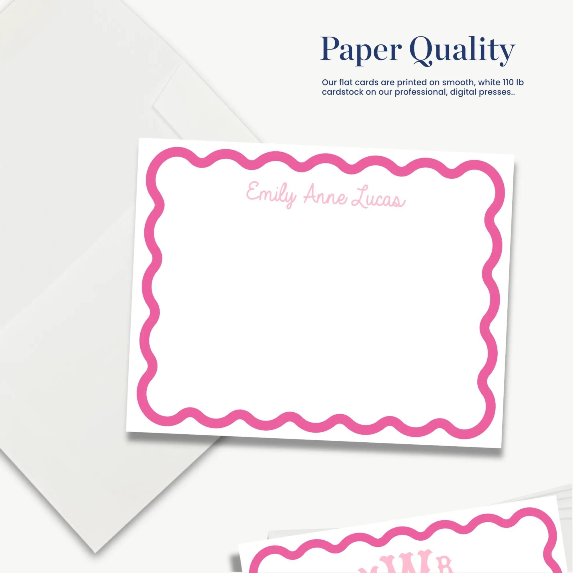 The image is a collection of three different images, each with a unique design and color scheme. The first image is a white envelope with a pink border, the second image is a pink and white note card with a scalloped edge, and the third image is a pink and white note card with a scalloped edge.