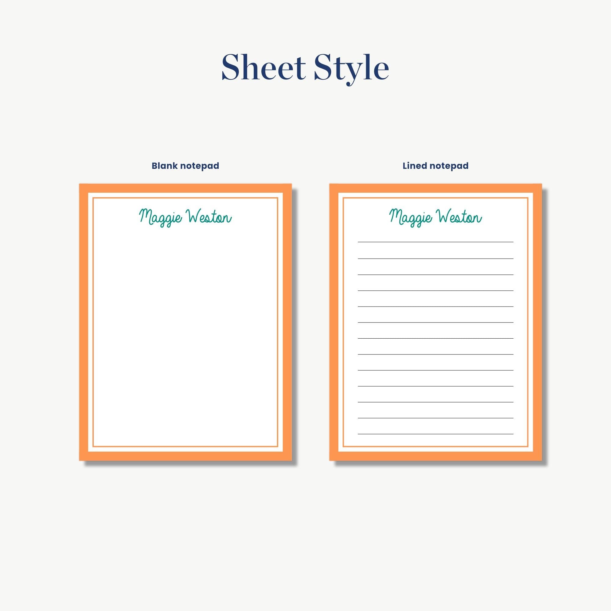 two blank notepads with different styles, one with a blank page and the other with lined paper.