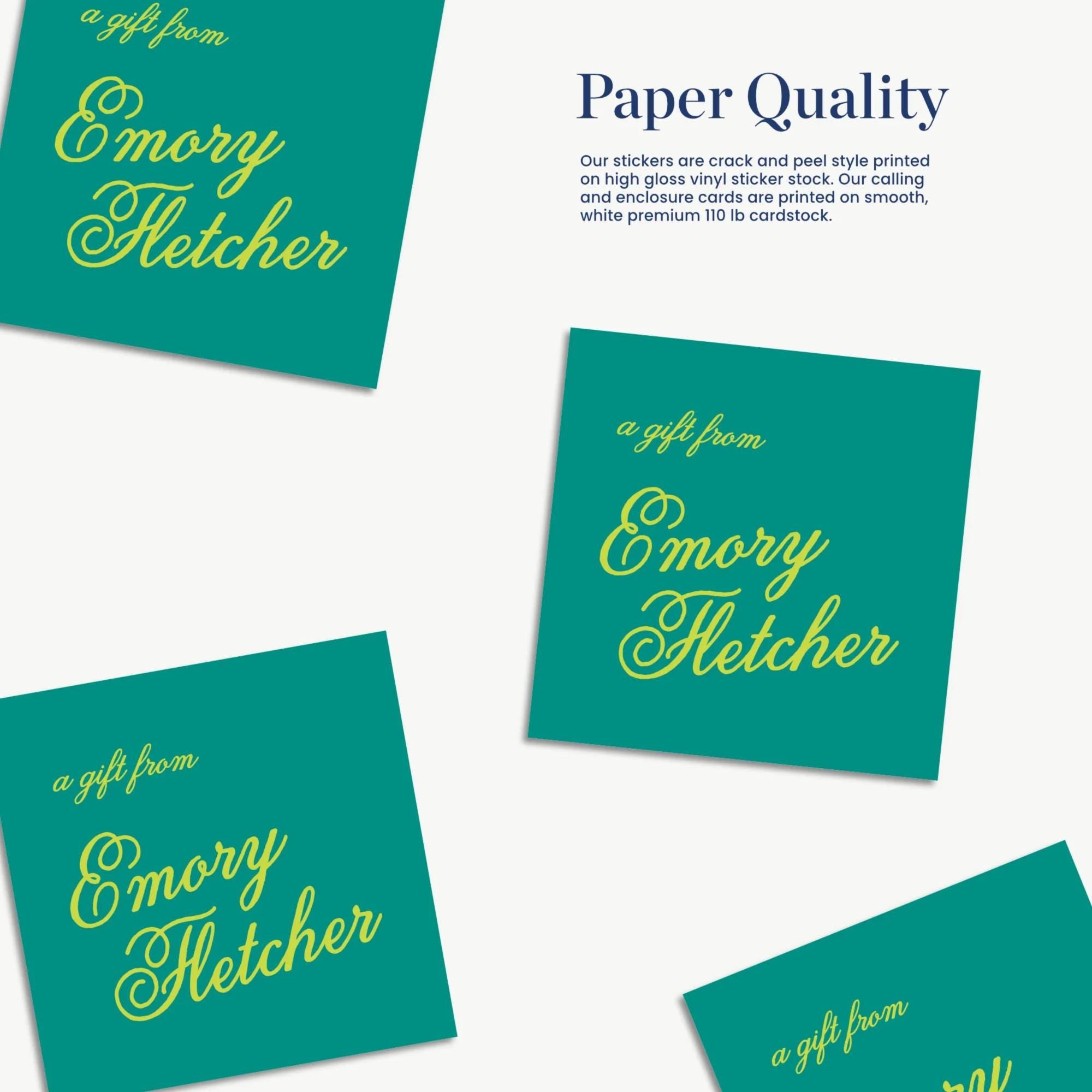 a collage of four green stickers with text that reads "a gift from Emory Fletcher".