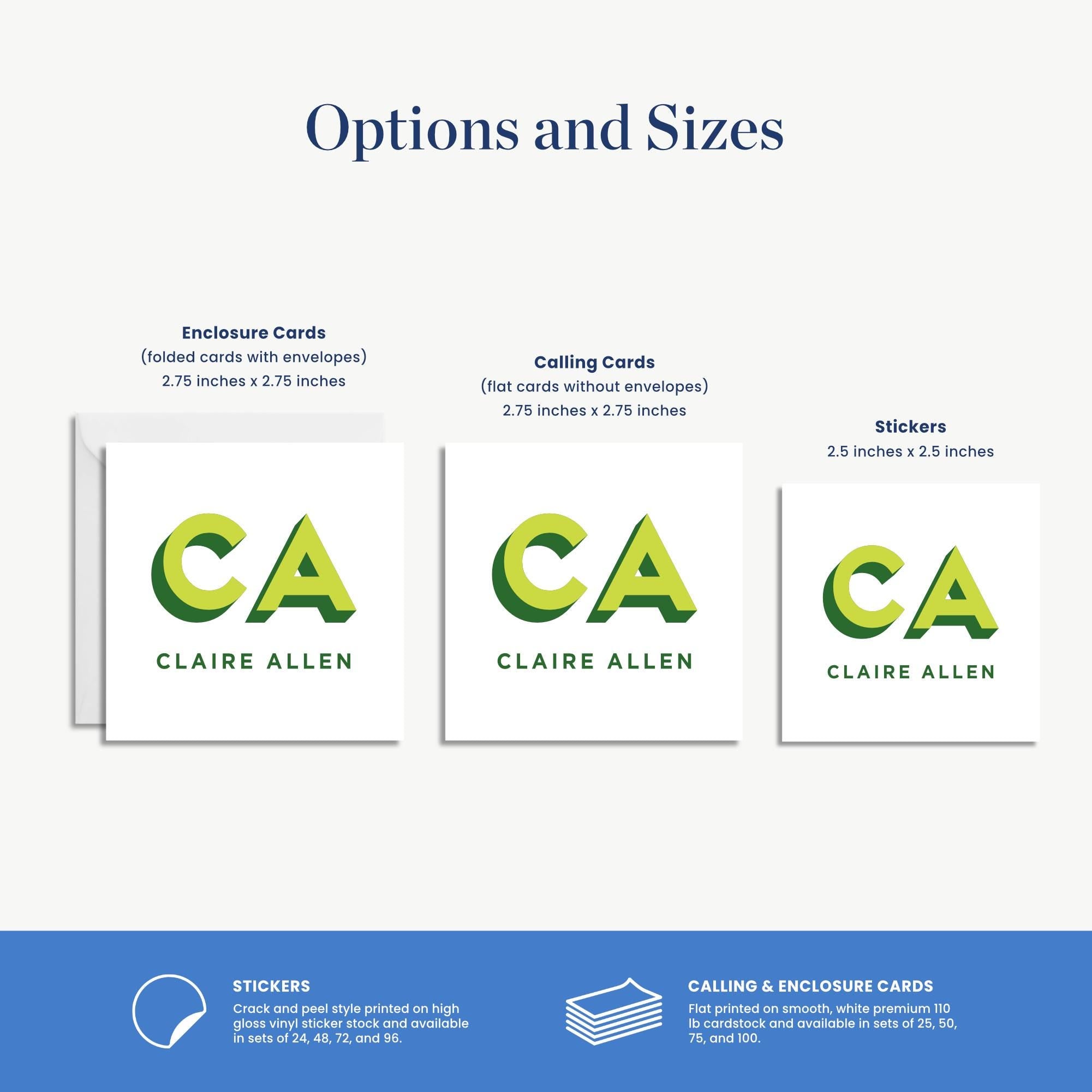 three different options and sizes of cards, including Enclosure Cards, Calligraphic Cards, and Stickers.