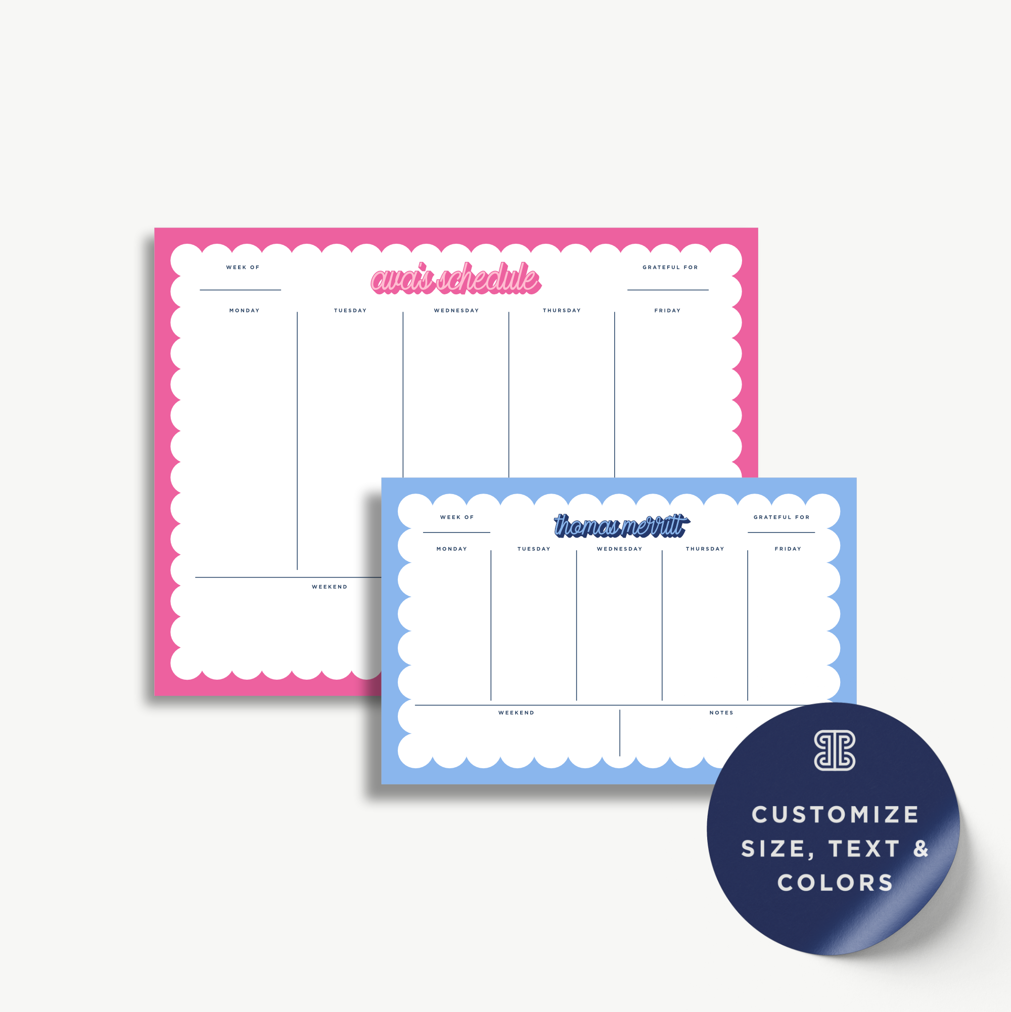 two colorful planners with scalloped edges, each with a grid layout for organizing tasks and events. The planners are pink and blue, and they appear to be customizable in size, text, and colors.