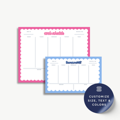 two colorful planners with scalloped edges, each with a grid layout for organizing tasks and events. The planners are pink and blue, and they appear to be customizable in size, text, and colors.