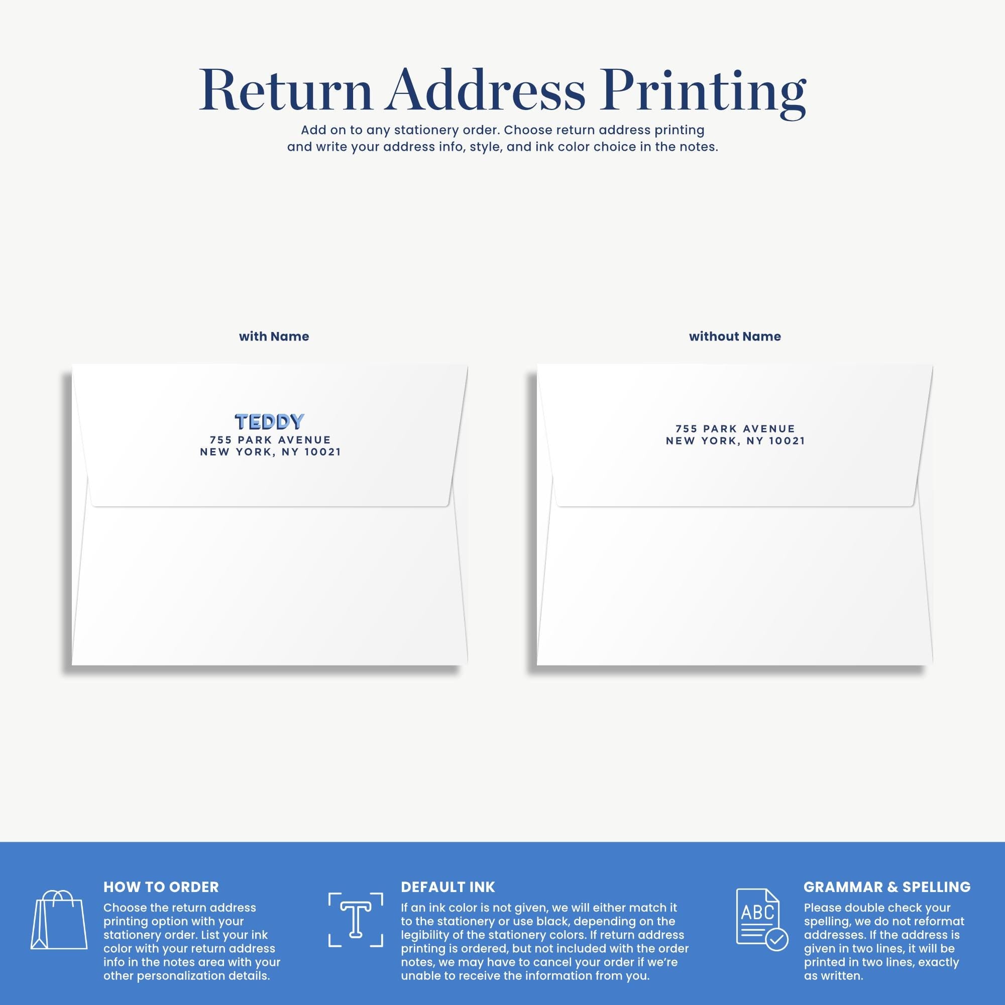 The image is a return address printing guide that provides instructions on how to order a return address. It includes a list of options for choosing the return address, such as adding a name, choosing a color, and writing the address in a specific format. The guide also mentions that the return address should be printed on the envelope, and that the printer should be double-checked for errors. The text is written in a clear and concise manner, without redundancy or vague wording.