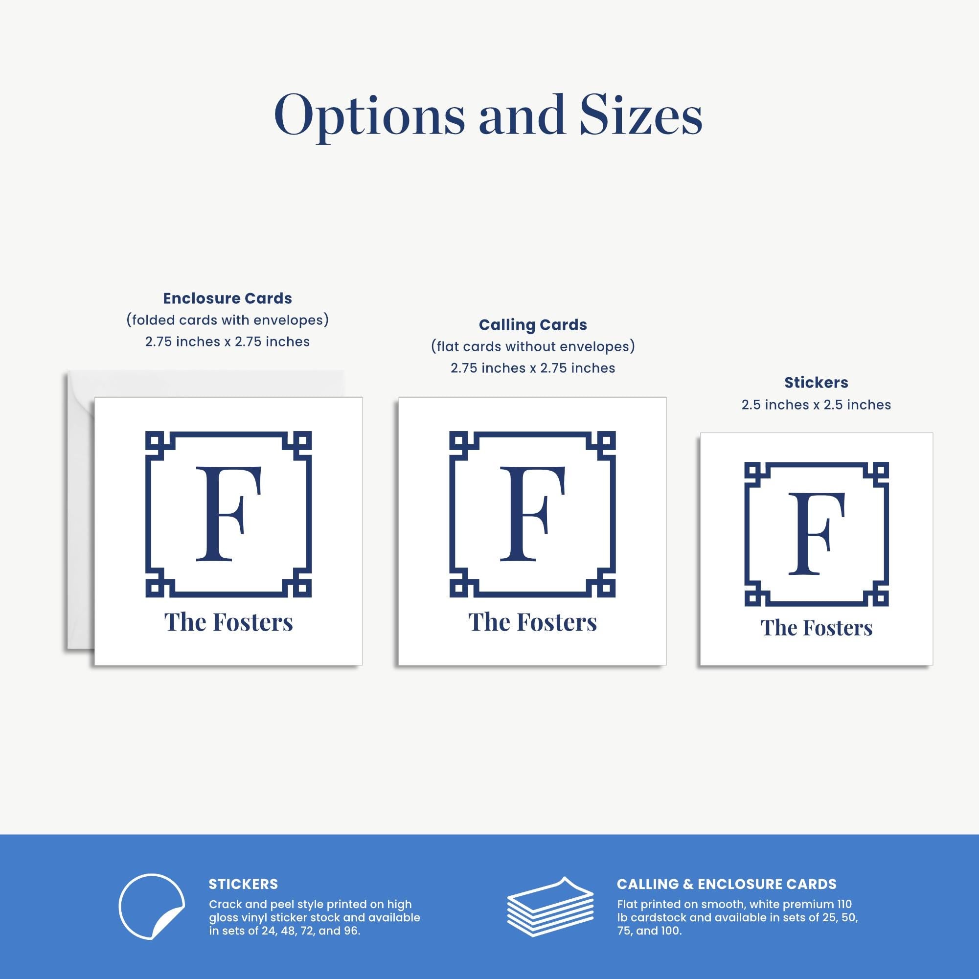 three different options and sizes of enclosures and cards, including stickers and calling and enclosure cards.
