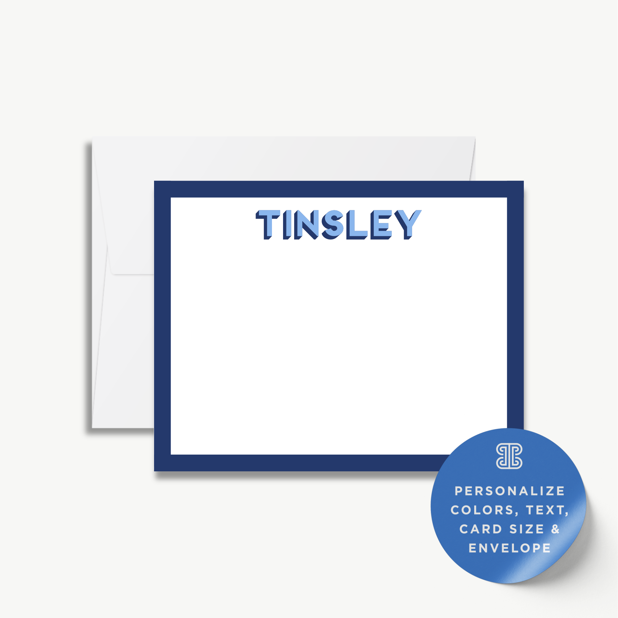 a blank blue-bordered card with the name "Tinsley" written on it.