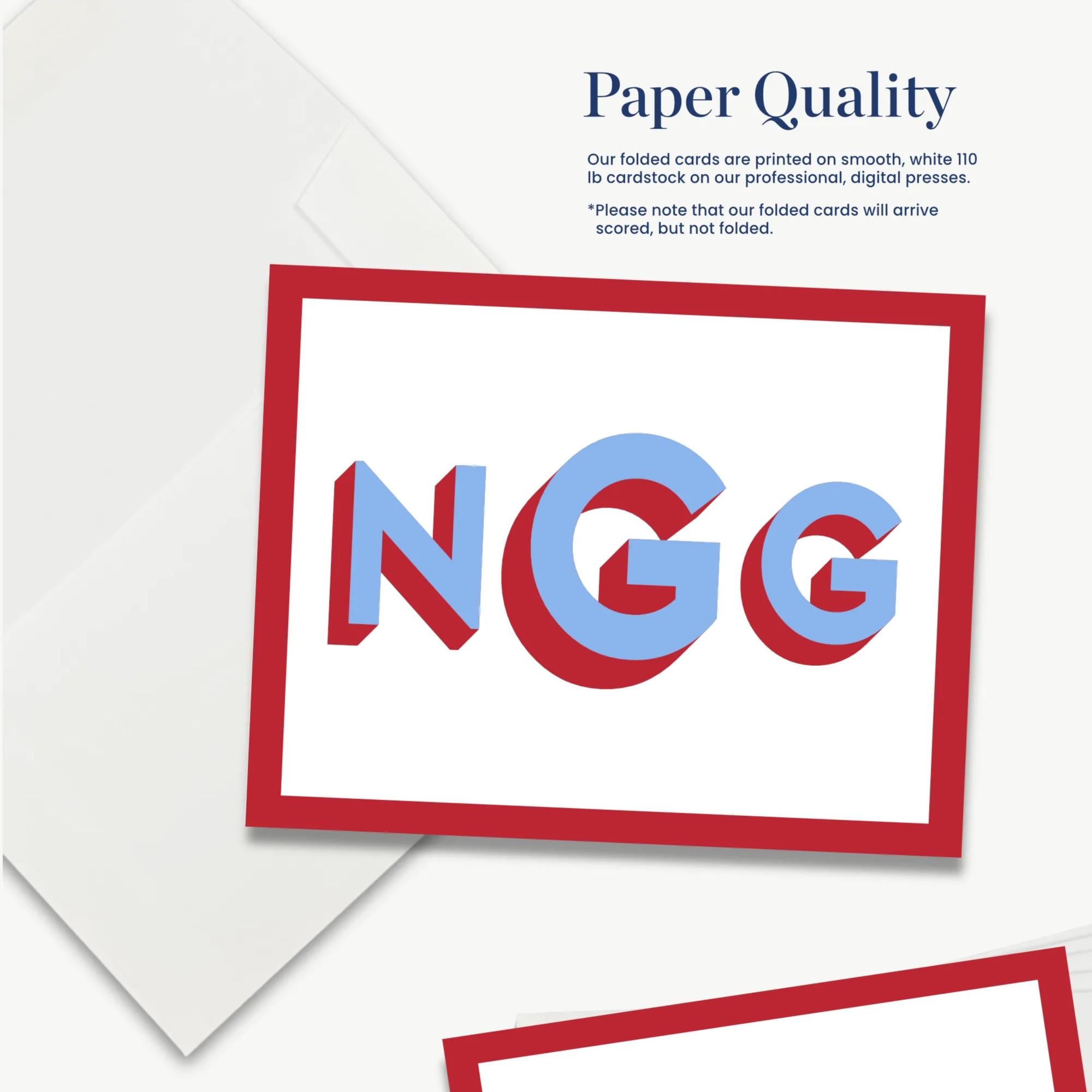 a close-up of a folded card with the letters "NGG" printed on it, along with a white envelope and a black background.