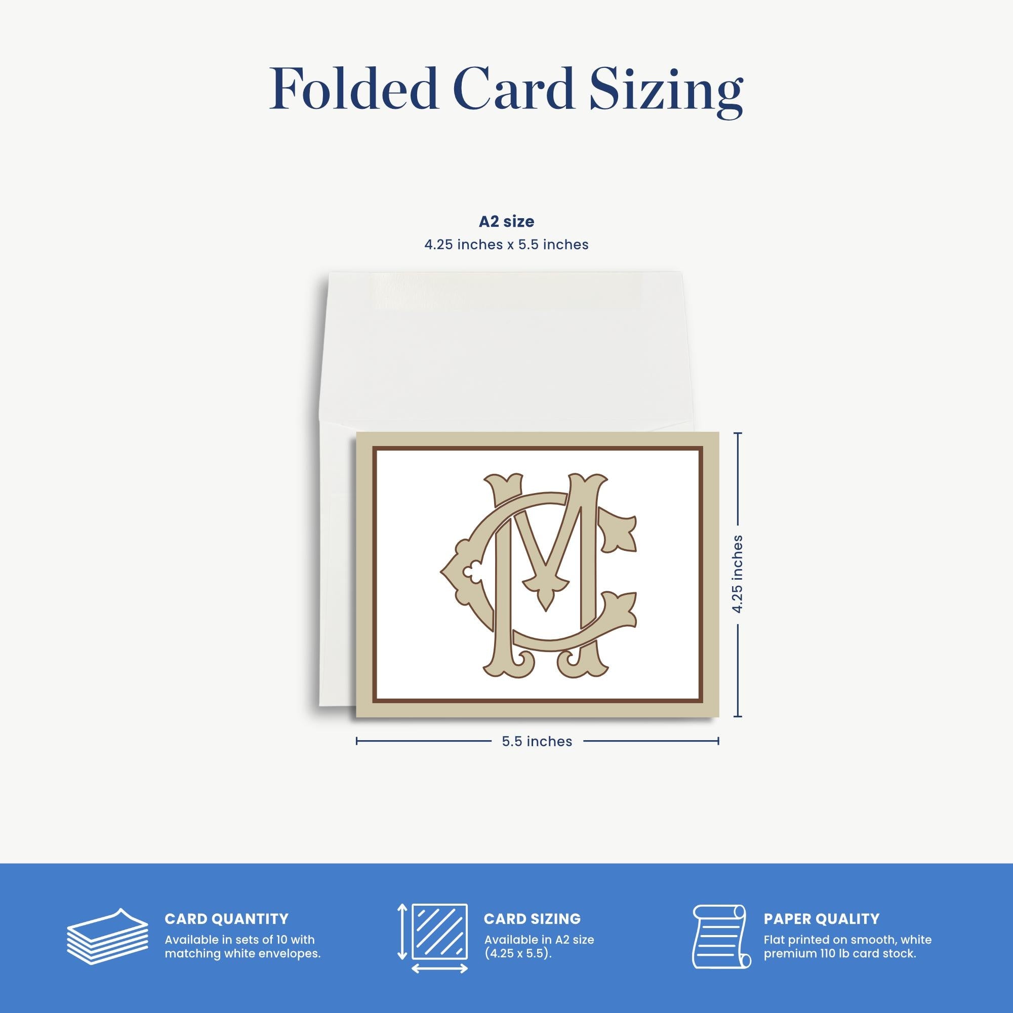The image is a folded card sizing guide, providing dimensions and details about the card size and paper quality.