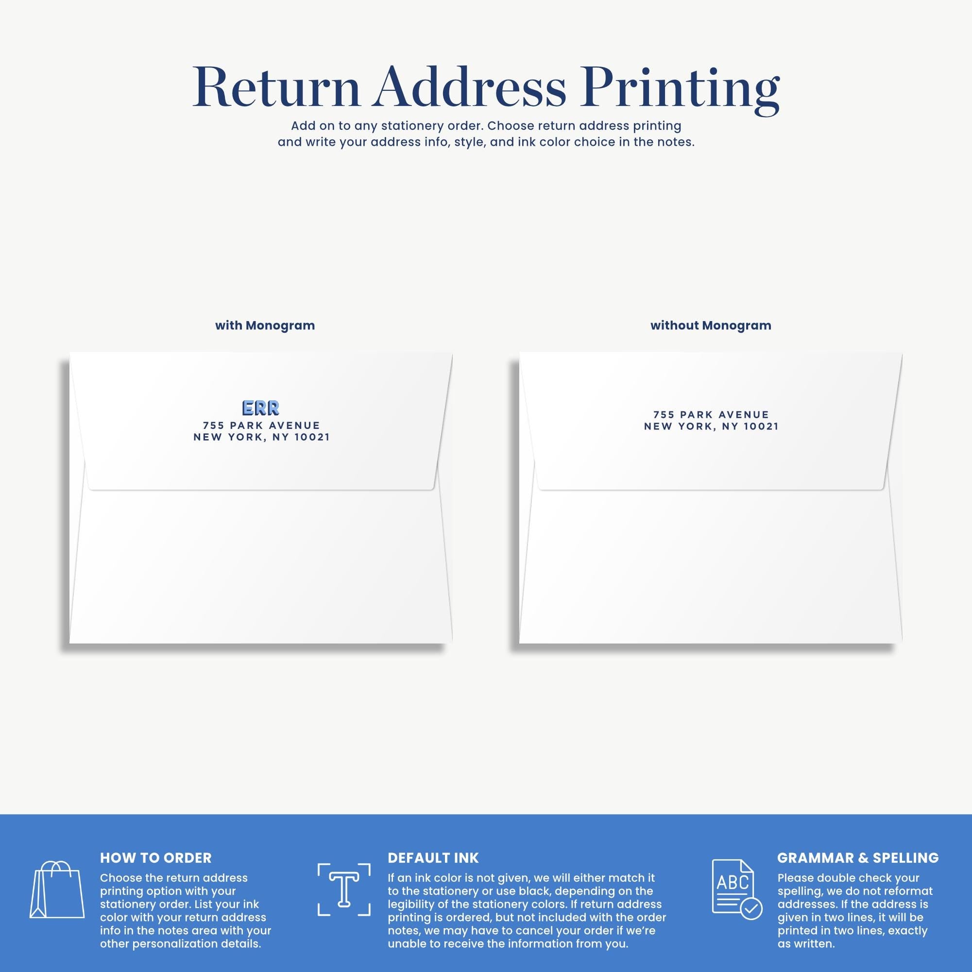 The image is a return address printing guide that provides instructions on how to order return address printing. It includes details on how to choose the return address, write the address, and decide on the ink color. The guide also mentions that the return address is printed on the envelope, and it advises to double-check the order before sending the return address.