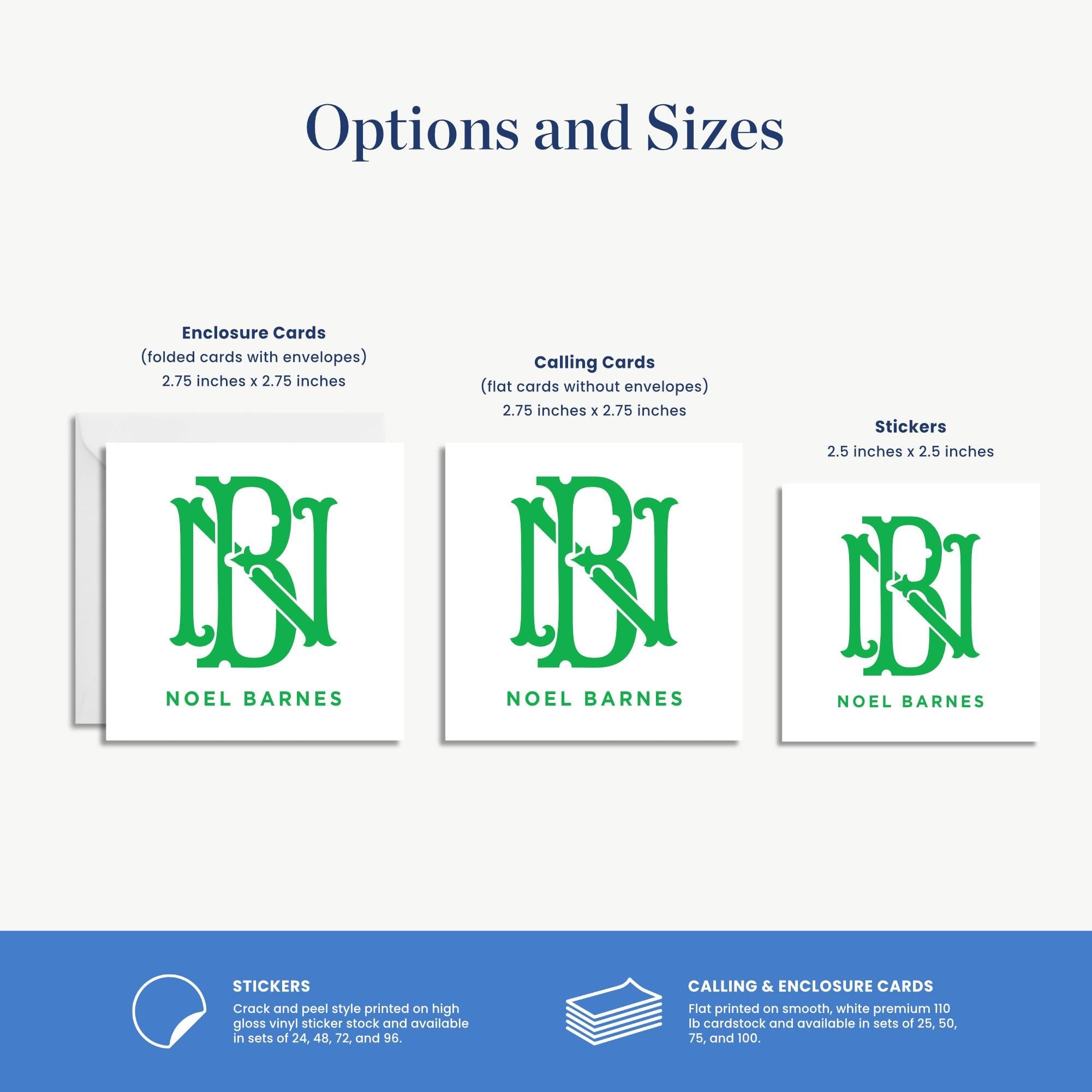 three different options and sizes of cards, including Enclosure Cards, Calling Cards, and Stickers.