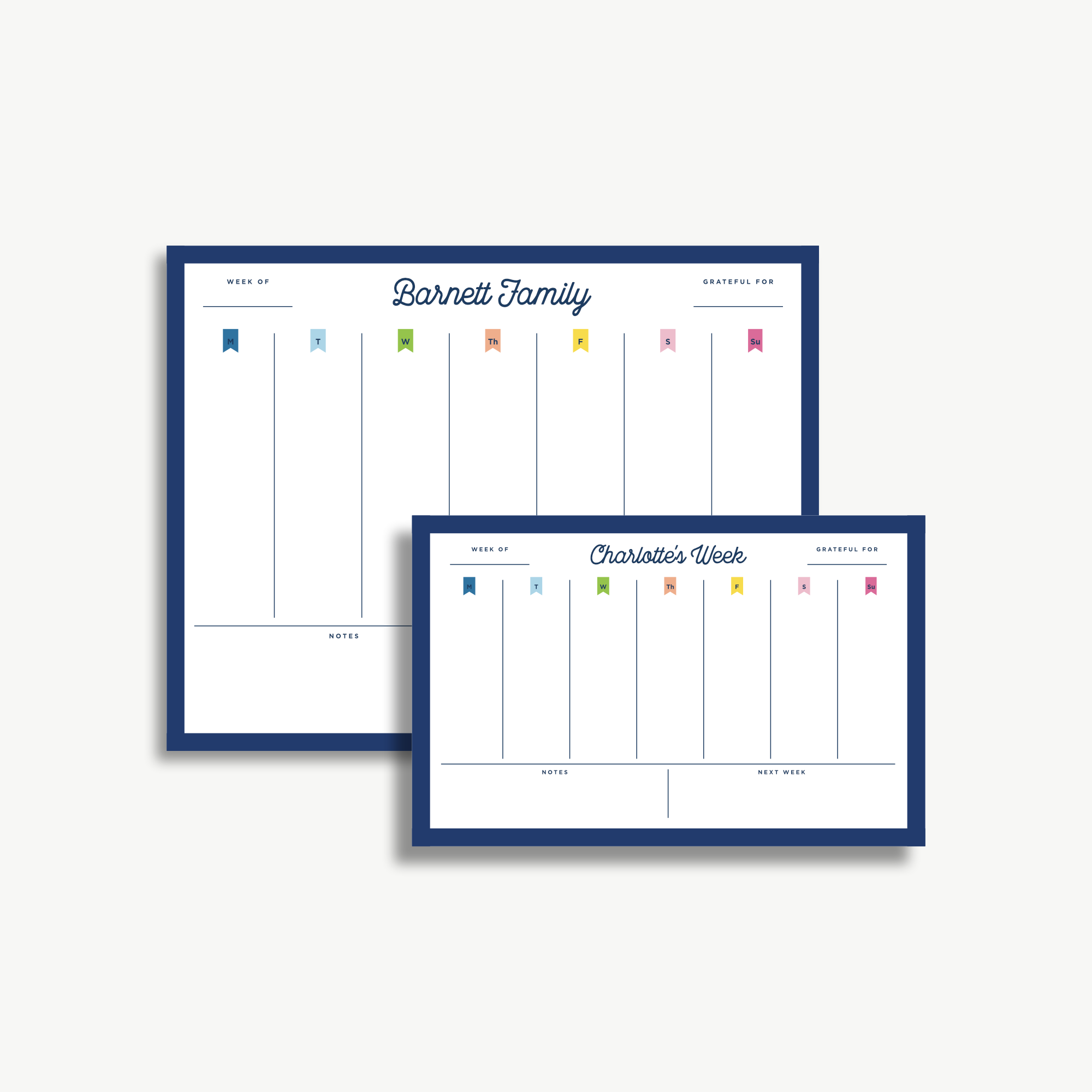 two blue planners or schedules with a color-coded design, likely for tracking daily tasks or events.