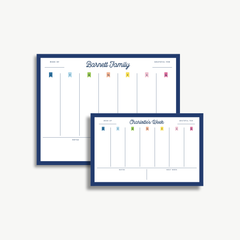 two blue planners or schedules with a color-coded design, likely for tracking daily tasks or events.