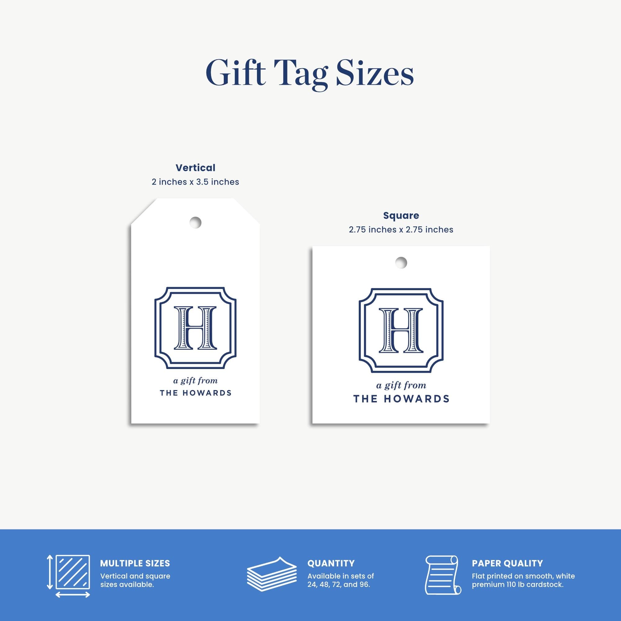 gift tag sizes for vertical and square tags, along with information about the paper quality and quantity available.