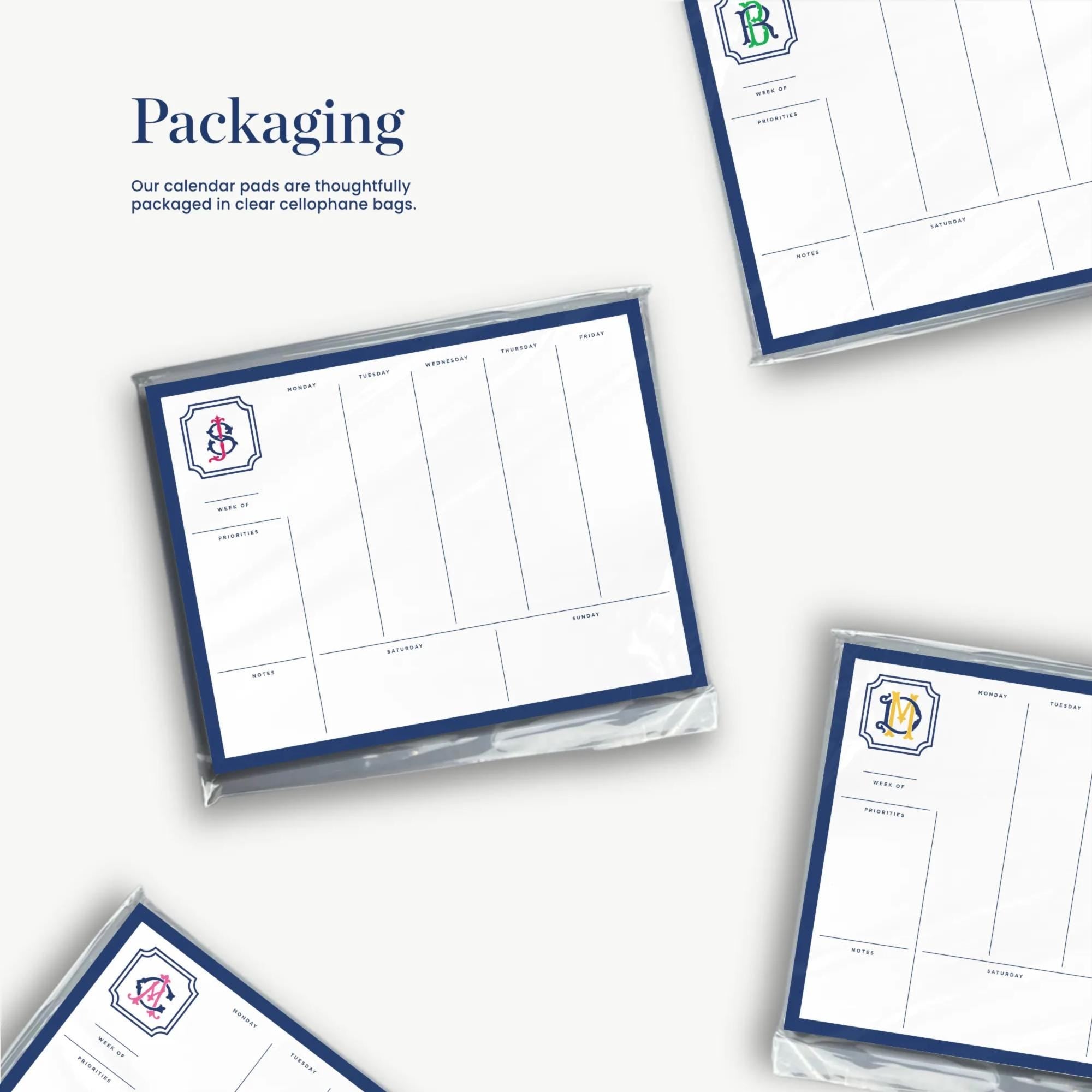 three different calendar pads, each with a blue border and white layout. The pads appear to be designed for use in a calendar application, with a focus on organization and time management.