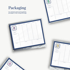 three different calendar pads, each with a blue border and white layout. The pads appear to be designed for use in a calendar application, with a focus on organization and time management.