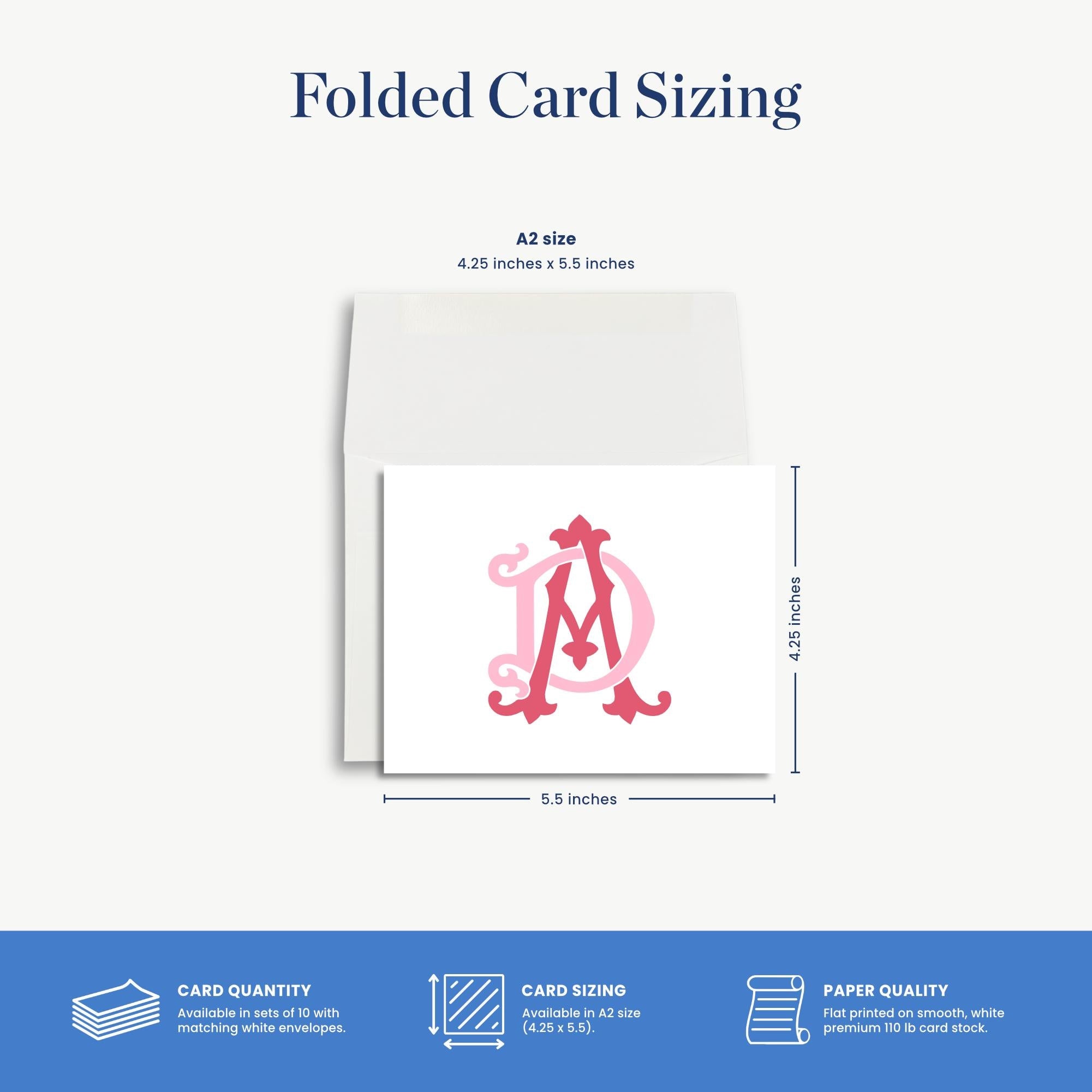 The image is a folded card sizing guide, providing dimensions and details about the card size and paper quality.