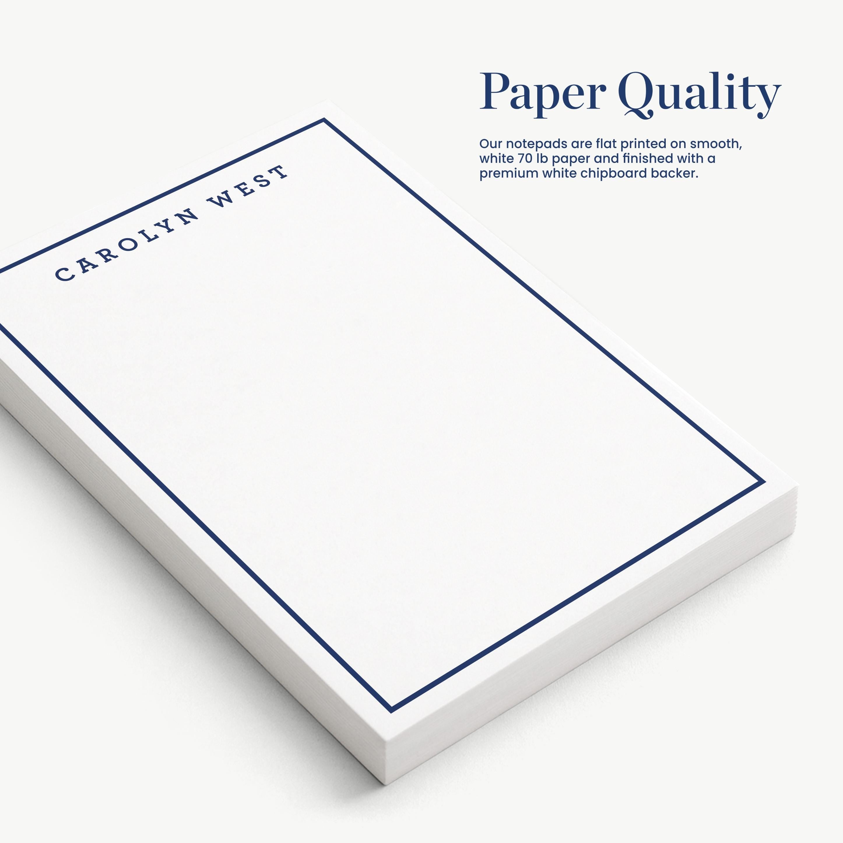 a white notepad with a blue border, and the text "Paper Quality" is displayed above it.