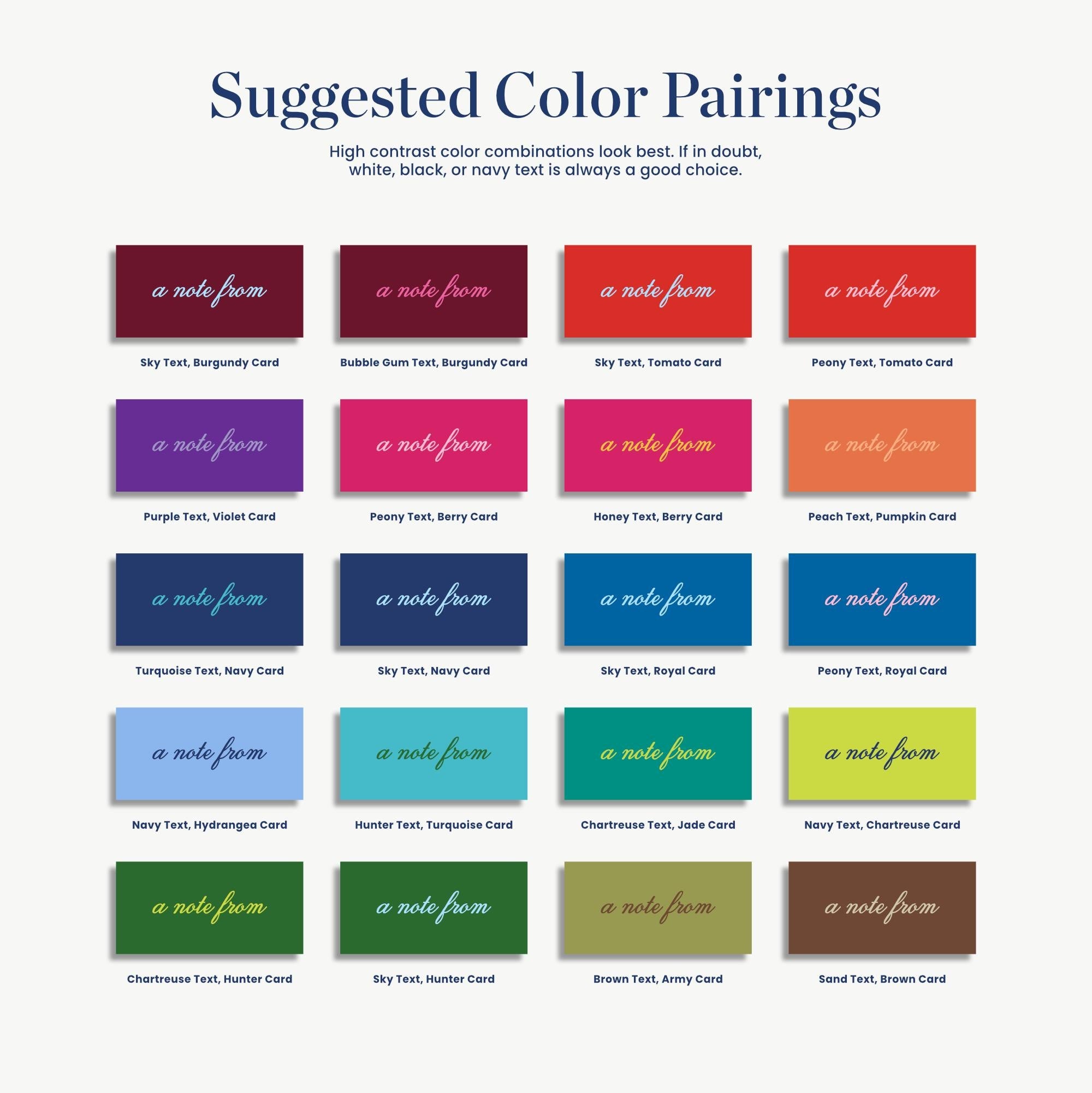 a collection of suggested color pairings for cards, including a note from a note from, a note from, and a note from. The color combinations are described as high contrast, suggesting that white, black, or navy text is always a good choice. The color pairings are presented in a grid format, with each pair of colors and their corresponding text descriptions.