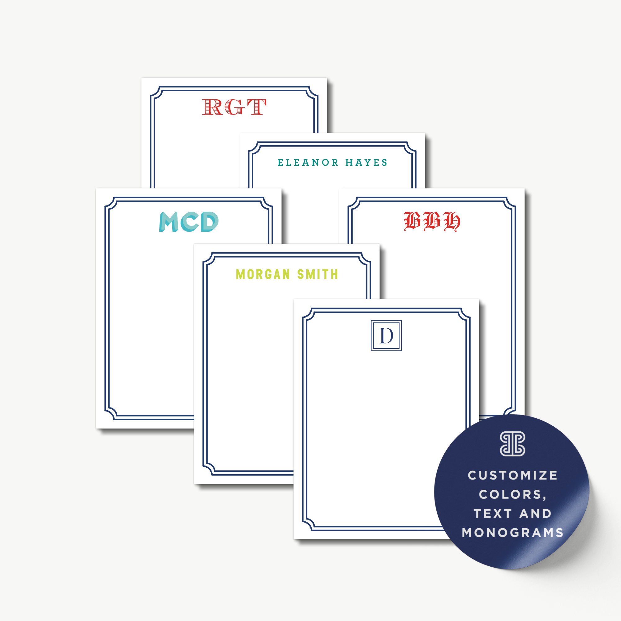 a collection of personalized stationery items, including name cards and monograms, with various names and monograms displayed on them.