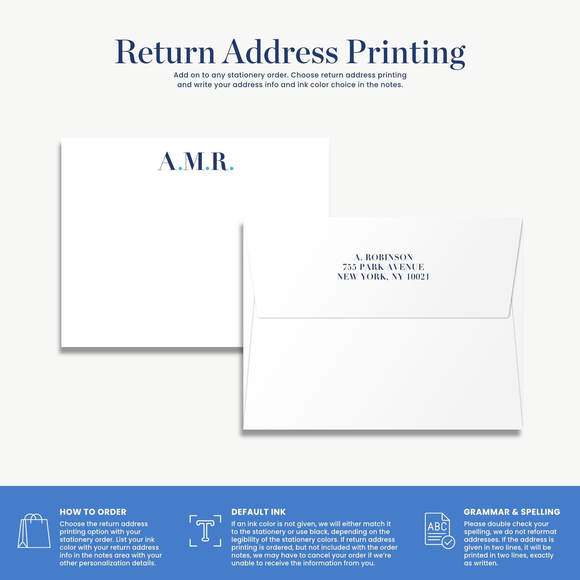 The image is a return address printing guide that provides instructions on how to order a return address, including the choice of return address printing and the option to write the address in the notes.