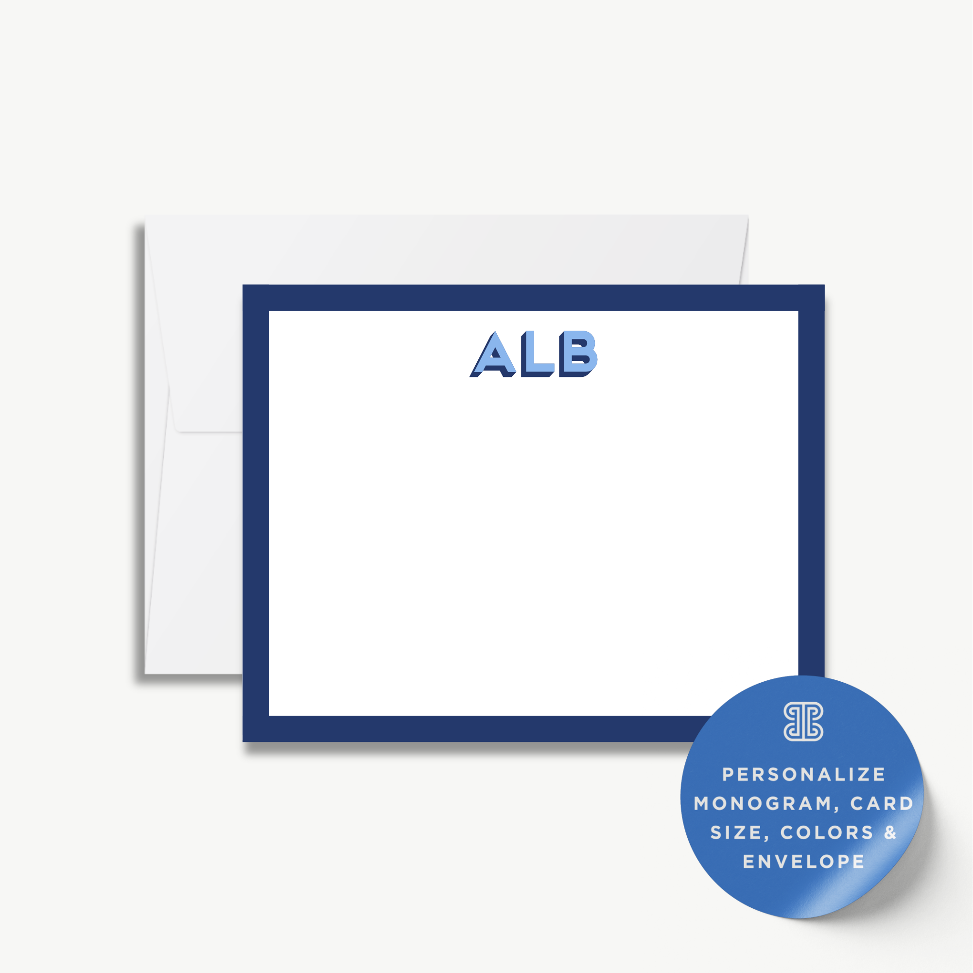 a blank blue-bordered card with the initials "ALB" printed on it.