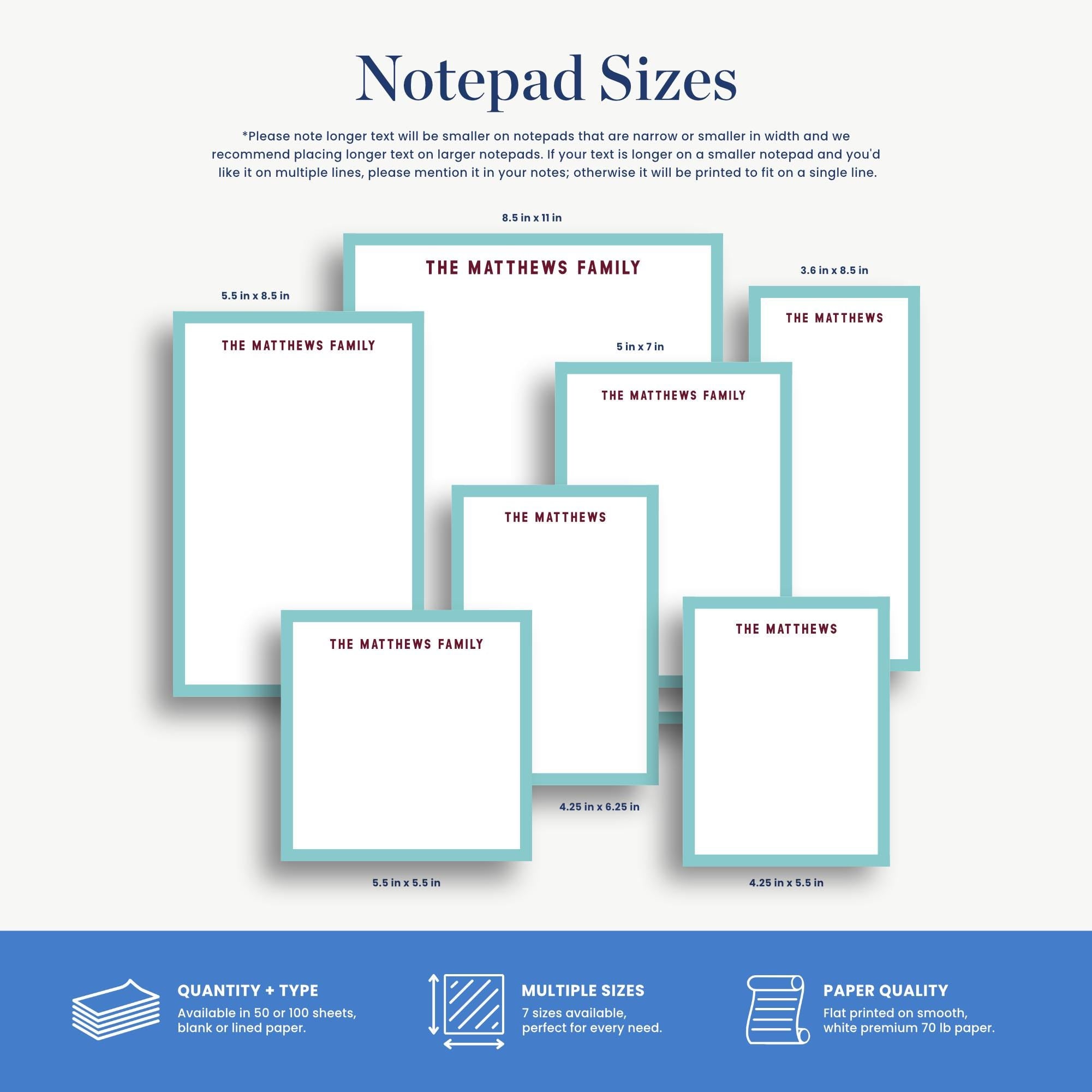 a variety of notepad sizes, including different shapes and dimensions, such as 5.5 x 5.5 inches, 5.5 x 5.6 inches, and 5.5 x 5.6 inches.