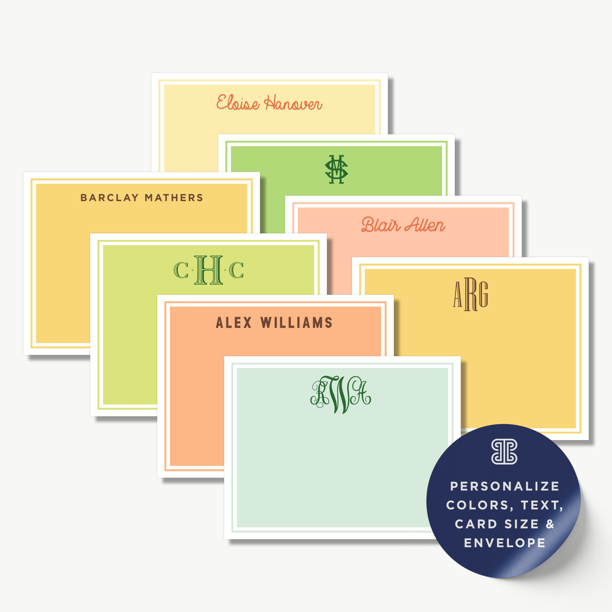a collection of personalized stationery items, including name cards and envelopes, with various colors and designs.