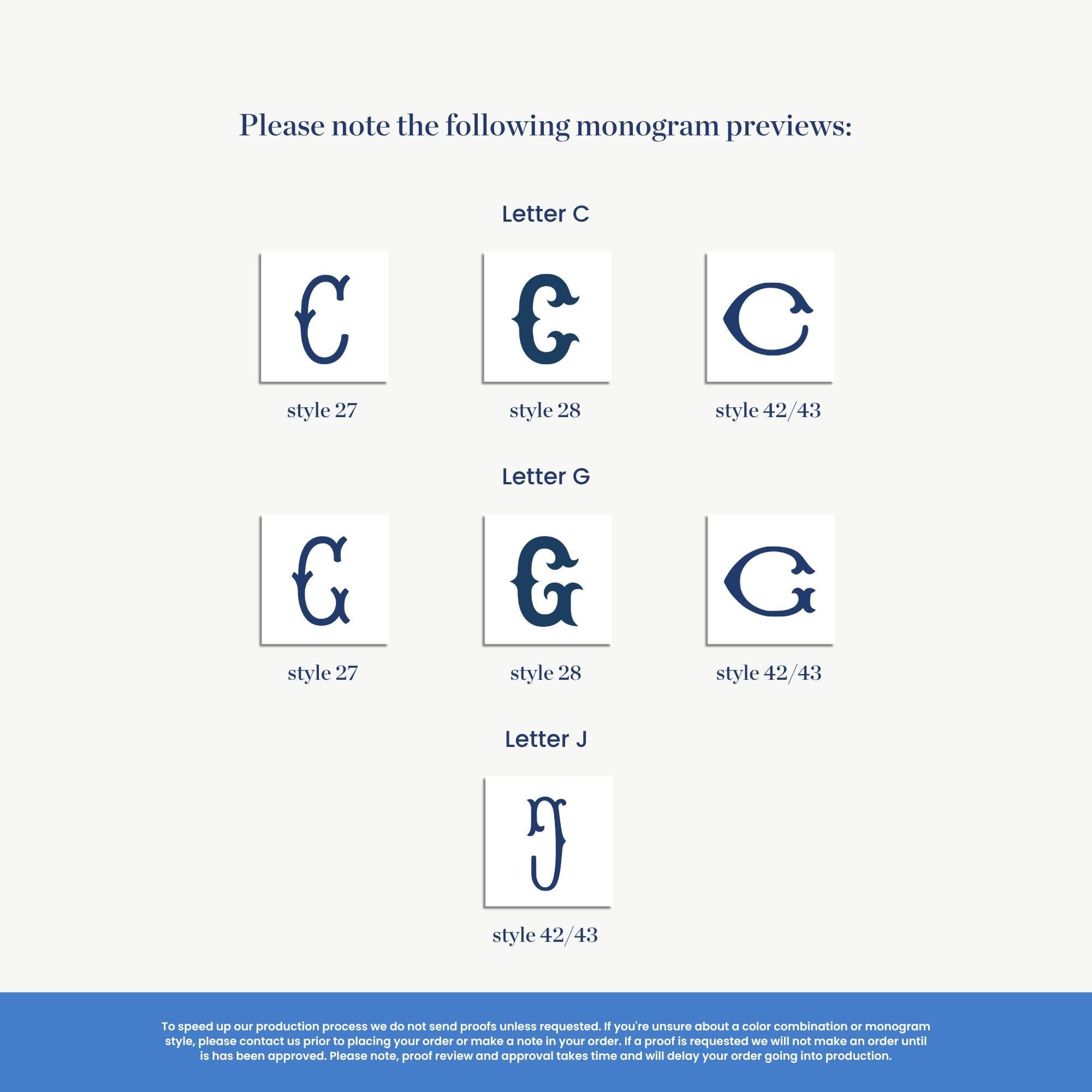 monogram preview examples, including various styles of capital letters and other letter combinations. The text provides instructions for sending these monogram examples, and it mentions that the production process does not include sending proof of review or approval times. The instructions advise to send proof of review and approval times, and to delay the order going to production.