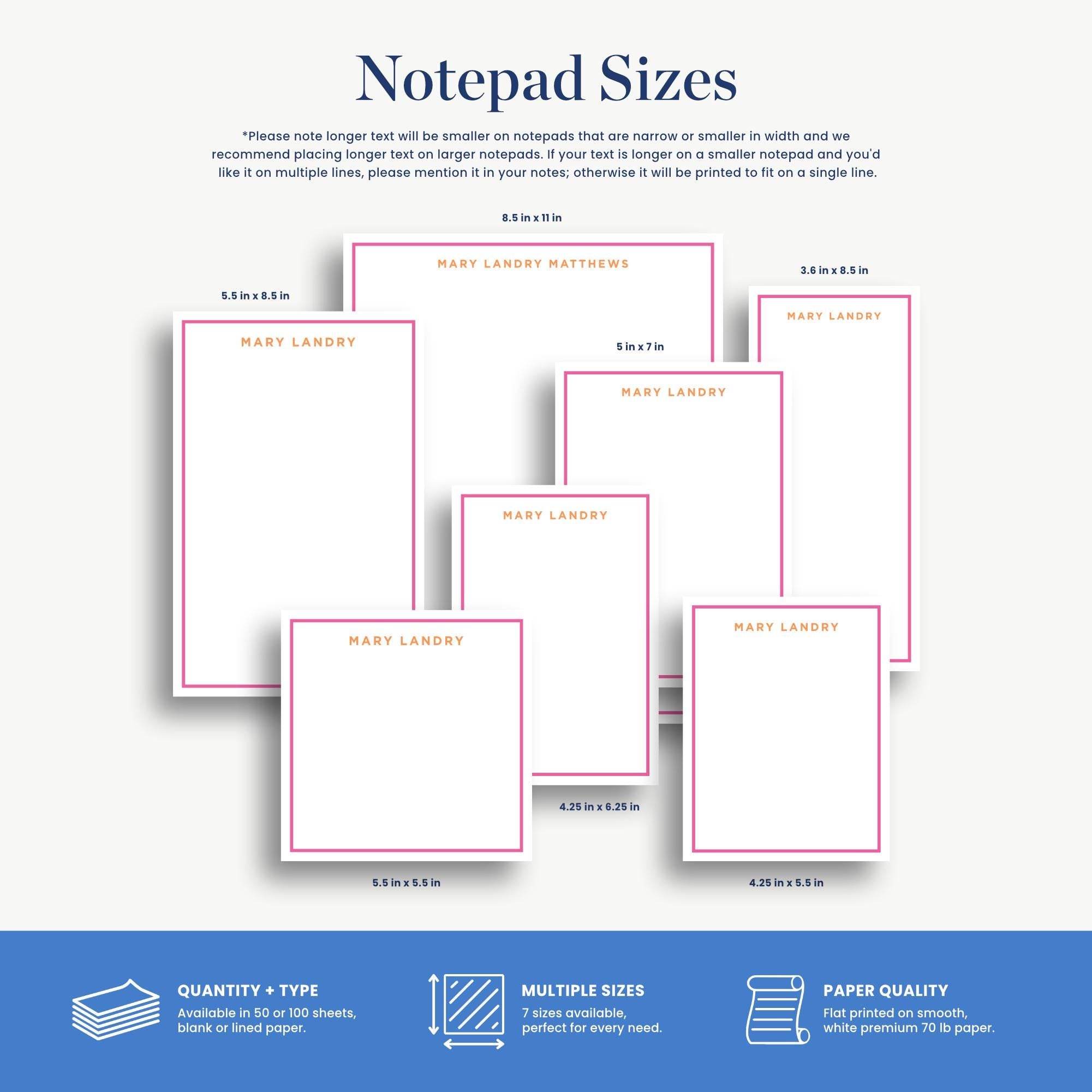 a variety of notebook sizes, including 5.5 x 5.6", 5.5 x 5.8", 5.5 x 5.9", 5.6 x 6.0", 5.6 x 6.5", 5.8 x 6.6", and 5.8 x 6.8", as well as blank and lined paper. The image also includes information about the types of paper available, such as "Multiple Sizes" and "Paper Quality", and the sizes of the paper stacks, ranging from "500" to "500.5" sheets.